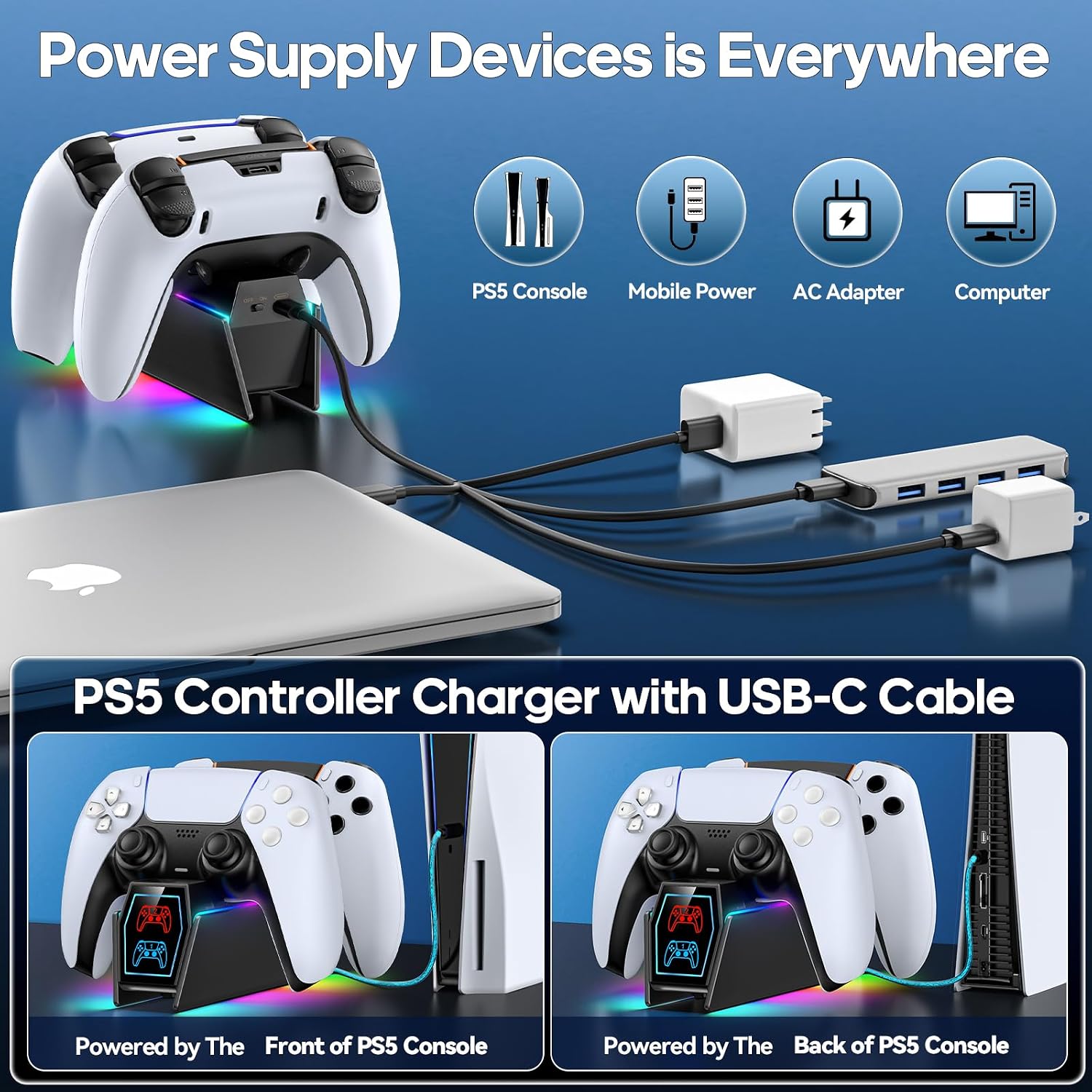 Detalle de Tokluck PS5 Controller Ladestation mit RGB & LED-Status (für DualSense & Edge Controller)