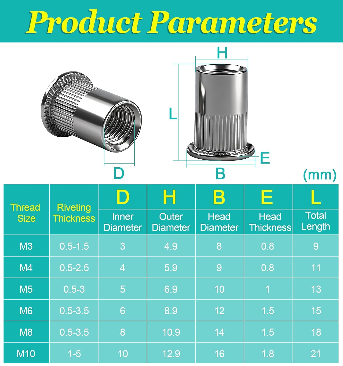 Thumbnail 1 de Moosswee 60 Pcs M6 Rivet Nuts – 304 Stainless Steel Flat Head Rivnuts