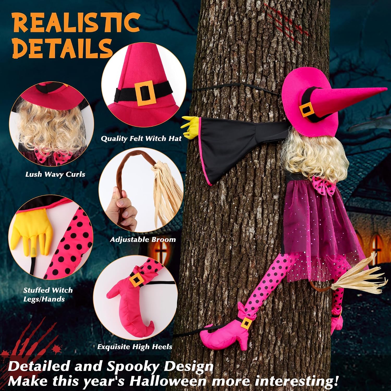 Thumbnail 2 de HOIIOH 53-Inch Pink Crashing Witch Halloween Yard Decoration
