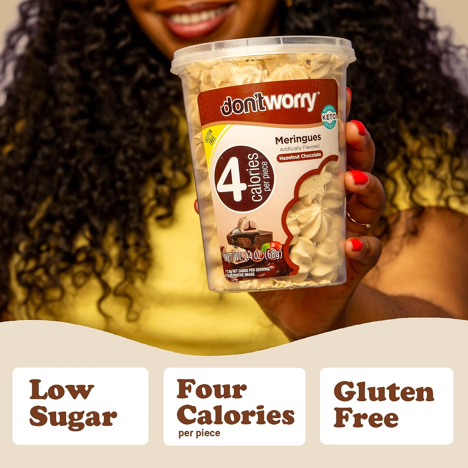 Detalle de Don't Worry Meringue Cookies, Hazelnut Chocolate & Cookies & Cream, 4 Calories Each
