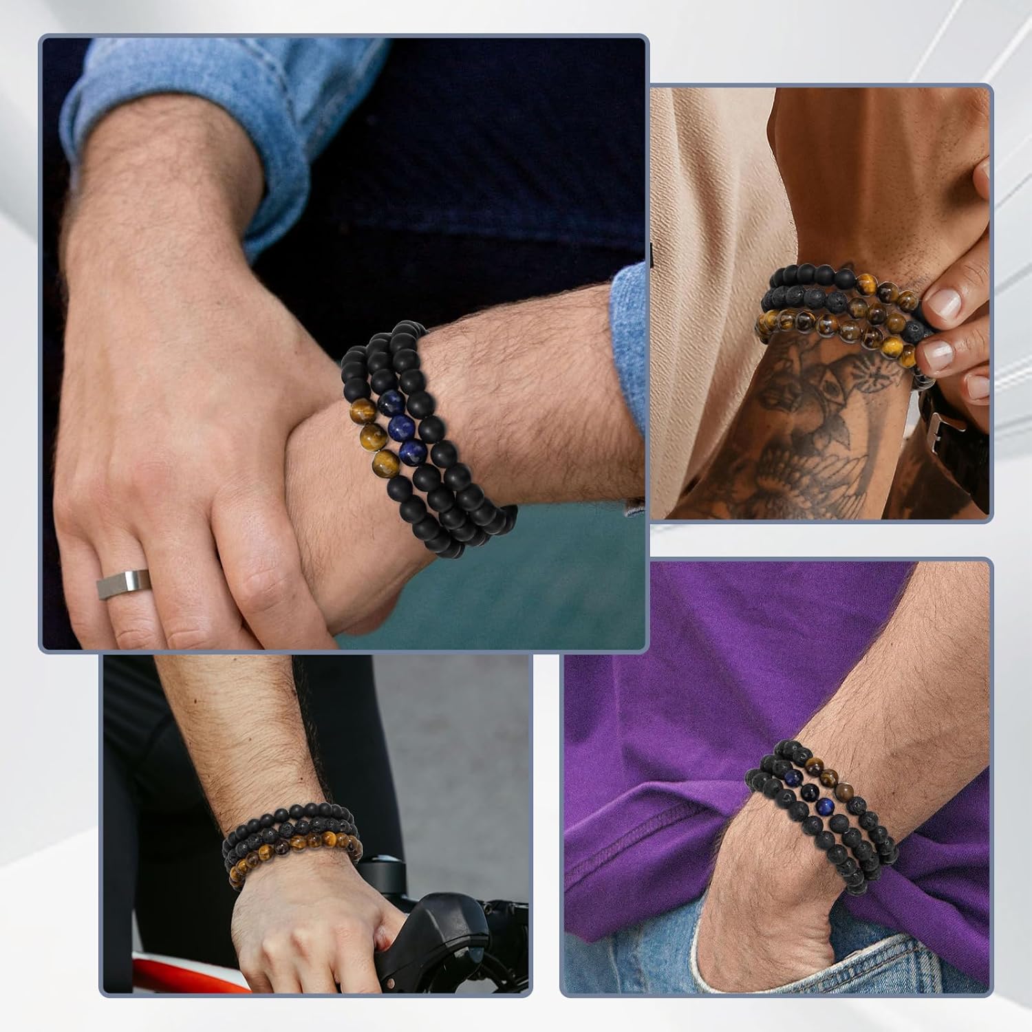 Thumbnail 5 de LOCCY Perlenarmband Herren Set mit 3 Stück (8 mm) – Tigerauge & Lavastein Armreifen im Stretch-Design