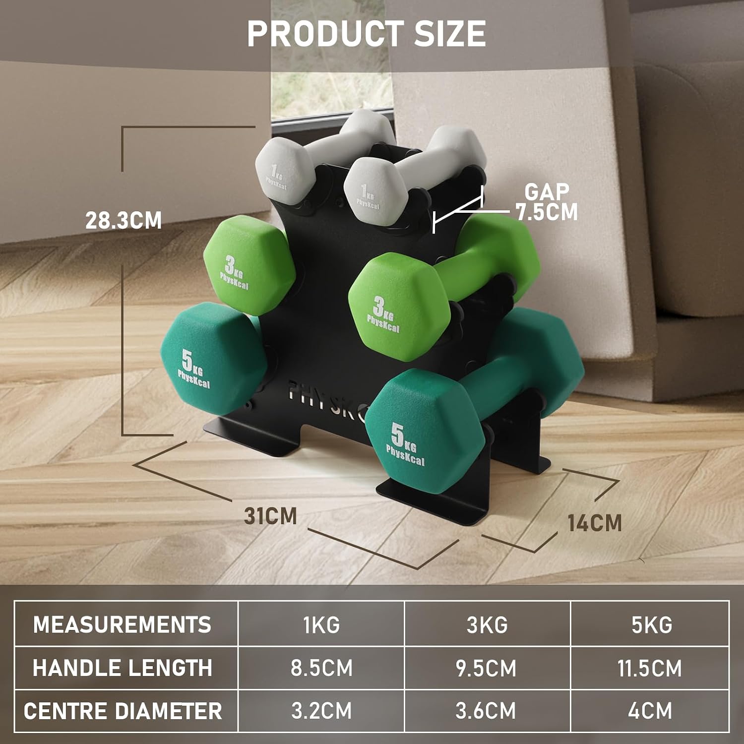 Thumbnail 5 de PhysKcal dumbbells set with storage rack (1kg, 3kg & 5kg pairs) for home, gym & studio