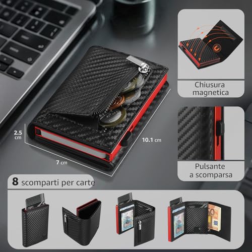 Thumbnail 1 de TEEHON Portafoglio uomo slim RFID magnetico in fibra di carbonio, rosso