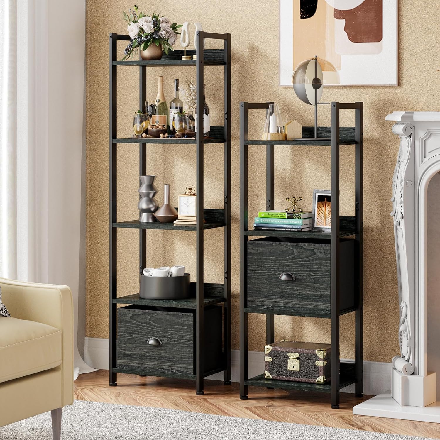Detalle 2 de Furologee 5-Tier Bookshelf with Drawer, Black Oak, Narrow 55.5-Inch Shelf