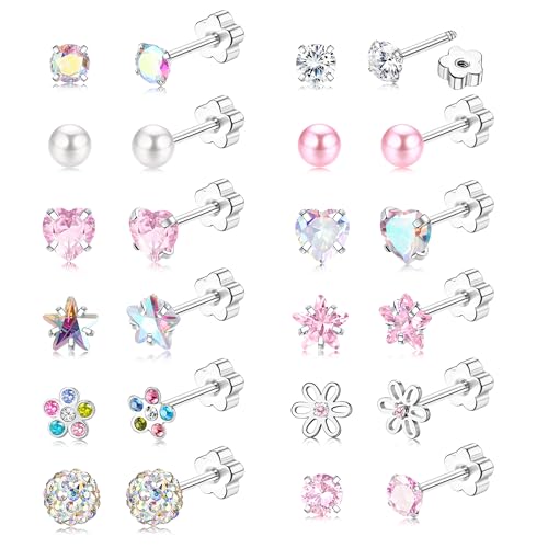 Detalle de JeweBella Hypoallergenic Flat Back Earrings Set – Surgical Steel, 12–14 Pairs for Girls