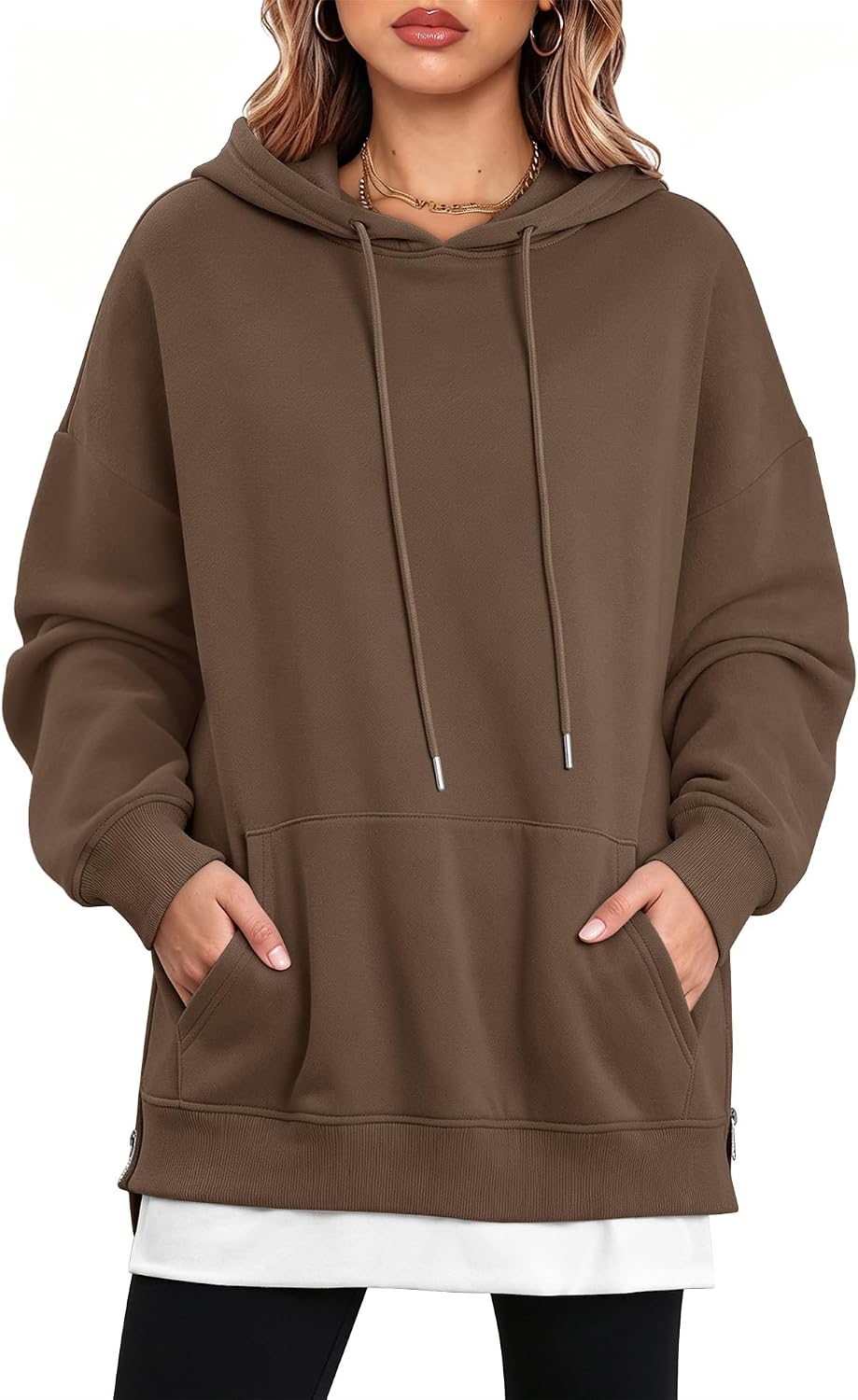 Detalle 2 de onlypuff Women's Oversized Sweatshirt Dress, Long Sleeves, Split Hem & Kangaroo Pocket