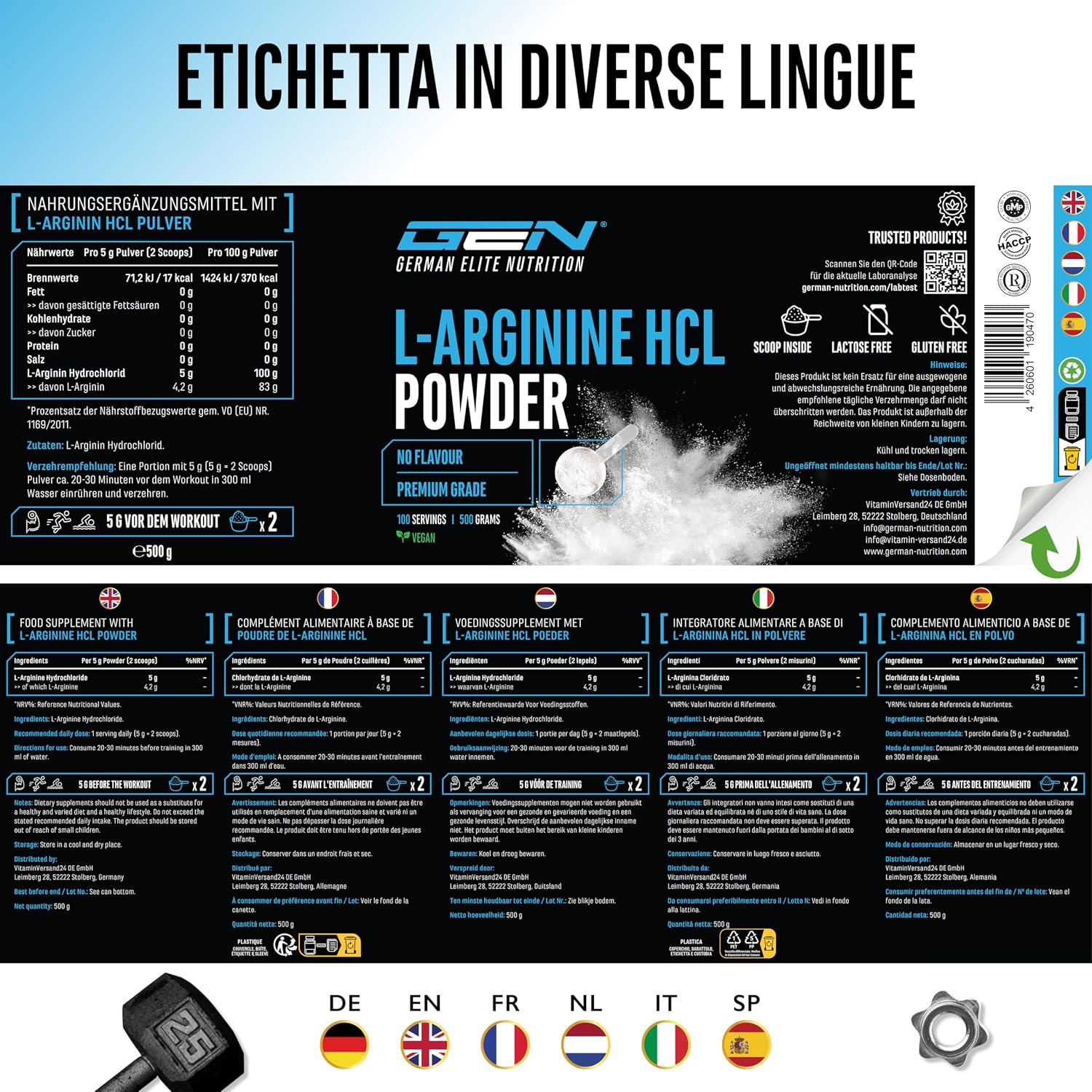 Thumbnail 6 de GEN German Elite Nutrition L-Arginina HCL 500 g in polvere (L-arginina cloridrato, vegana)