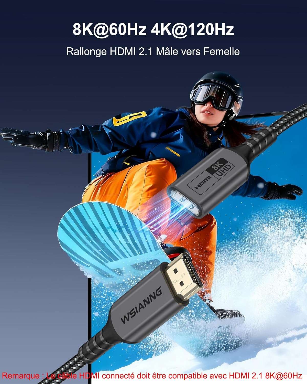 Thumbnail 1 de WSIANNG Câble Rallonge HDMI 2.1 1m – 8K/4K pour Gaming et Home Cinéma
