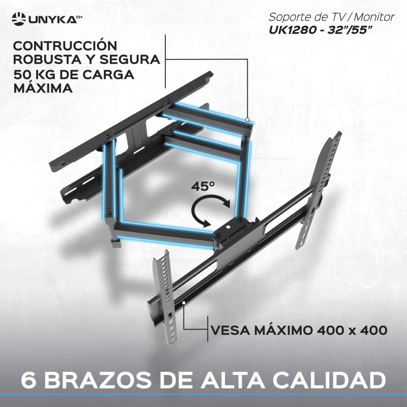 Thumbnail 3 de UNYKAch UK1280: Soporte de pared articulado para TV 32–55" con doble brazo y soporte VESA 200×200 a 400×400
