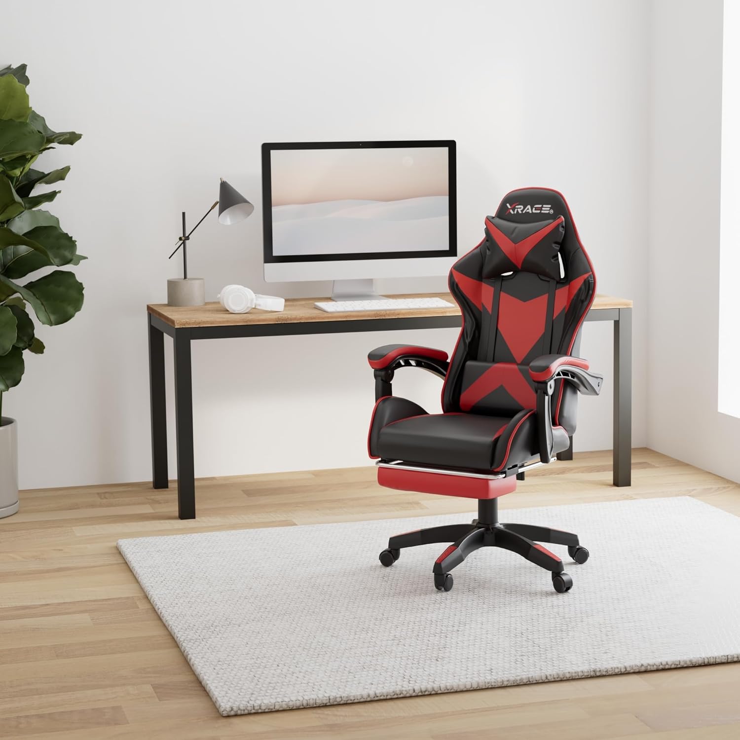 Thumbnail 1 de xRace Gaming Stuhl – Ergonomischer Bürostuhl mit Lendenwirbelstütze, Kopfstütze und Fußstütze in Rot