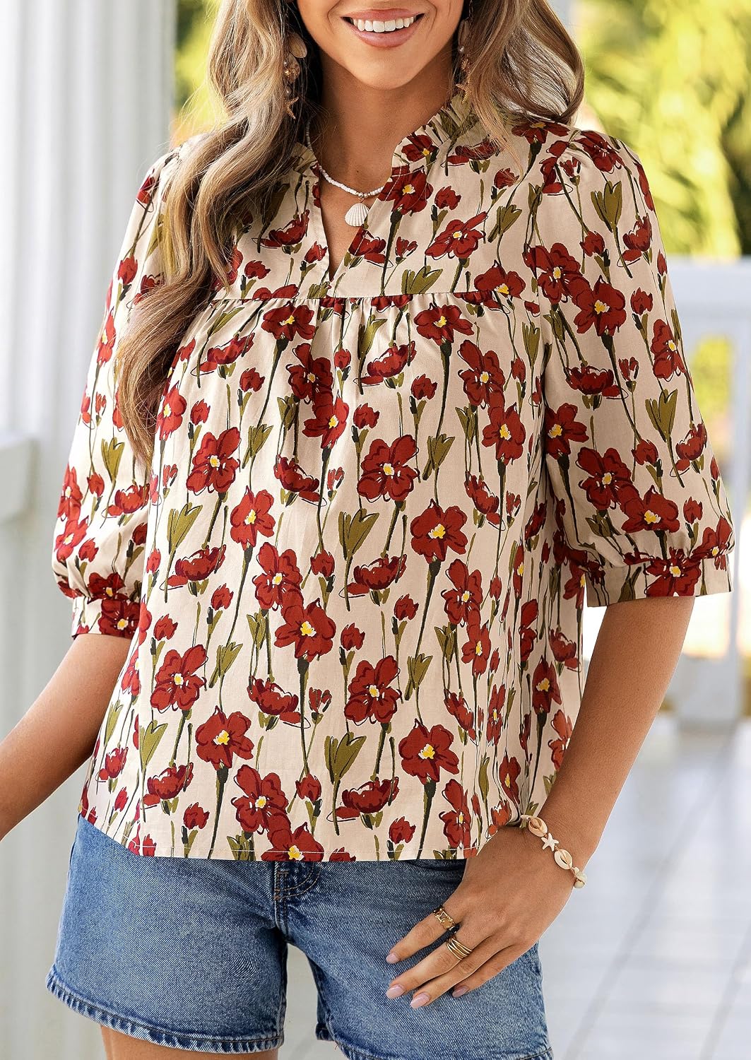 Thumbnail 6 de PRETTYGARDEN Women's 2026 Summer Floral Blouse: Boho-Chic, Dressy-Casual Half Sleeve V-Neck Top