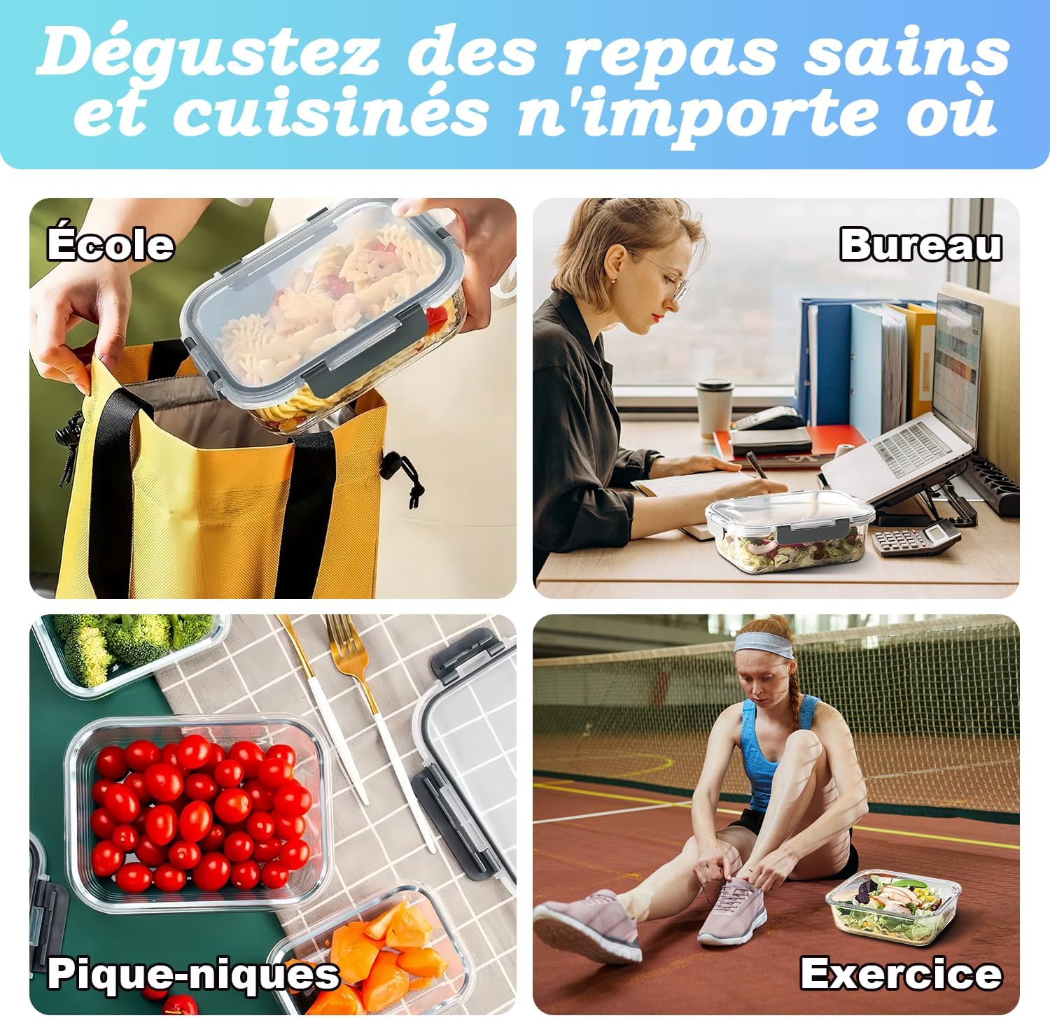 Thumbnail 5 de KUMD Lot de 10 boîtes repas en verre borosilicate 1040 ml avec couvercles amovibles (pack de 5)