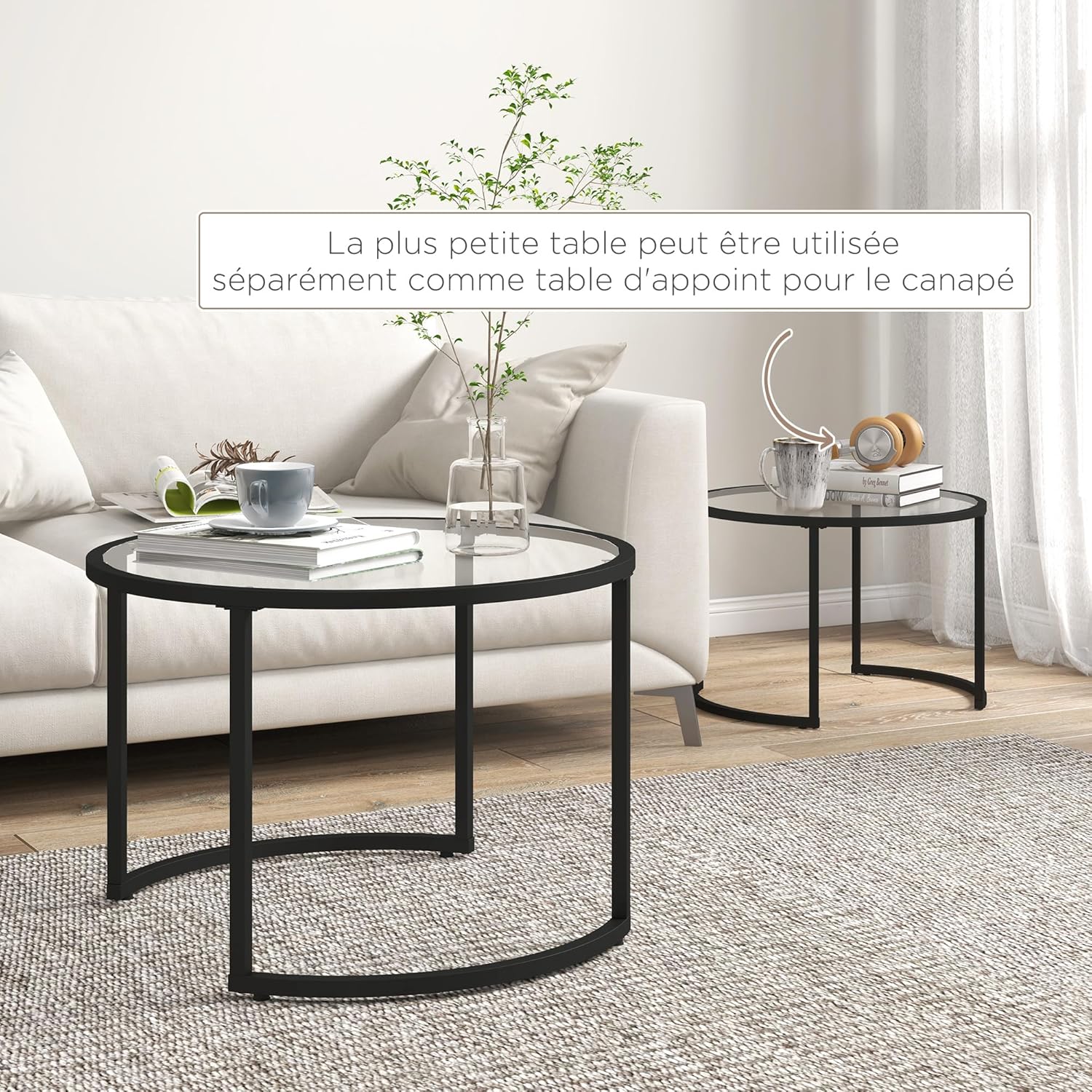 Thumbnail 4 de HOMCOM Lot de 2 Tables Basses gigognes rondes 70/54 cm — Plateau verre trempé et pied en acier au carbone noir