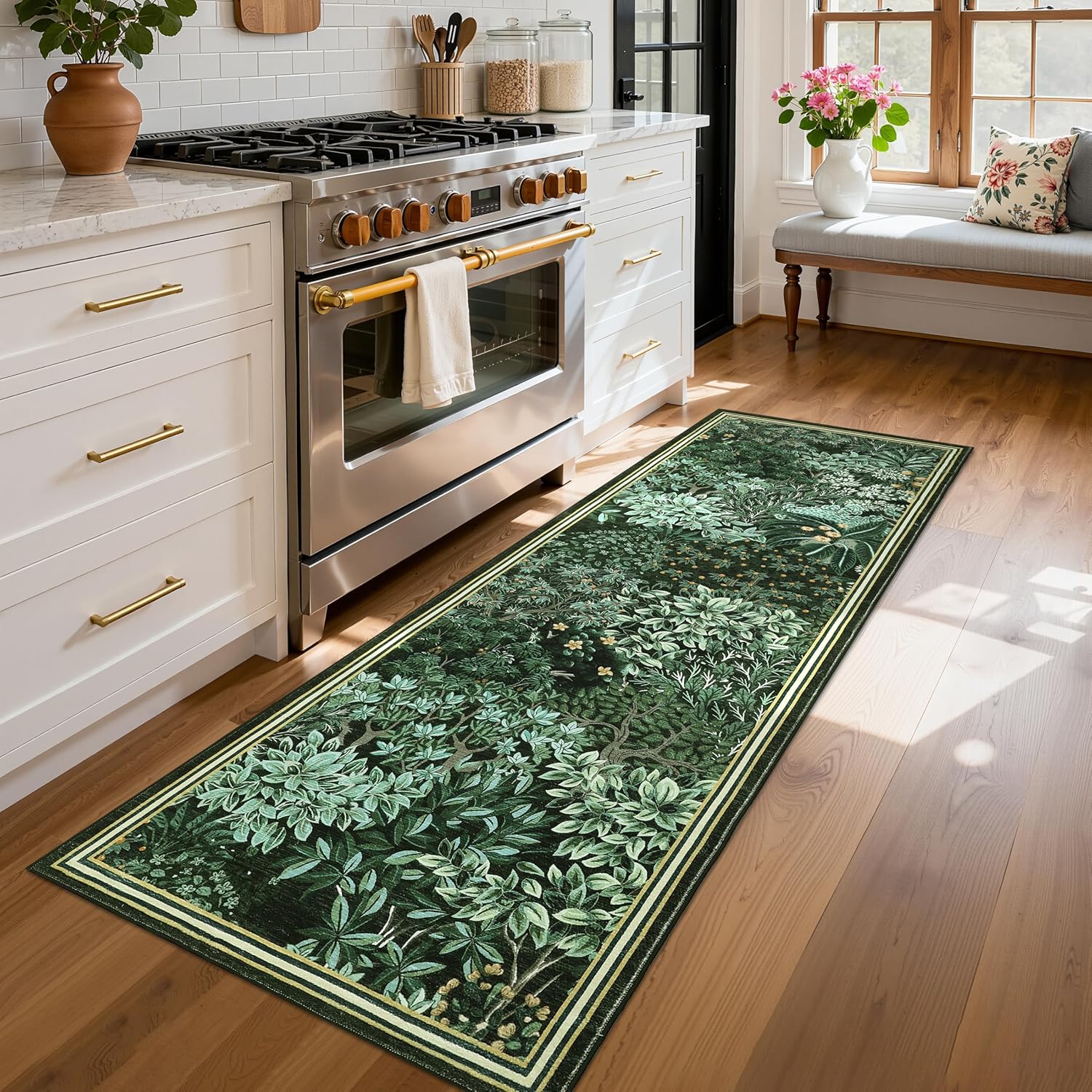 Detalle de GarveeHome Forest Runner Rug, 2' x 6' Washable Dark Green Low-Pile Runner