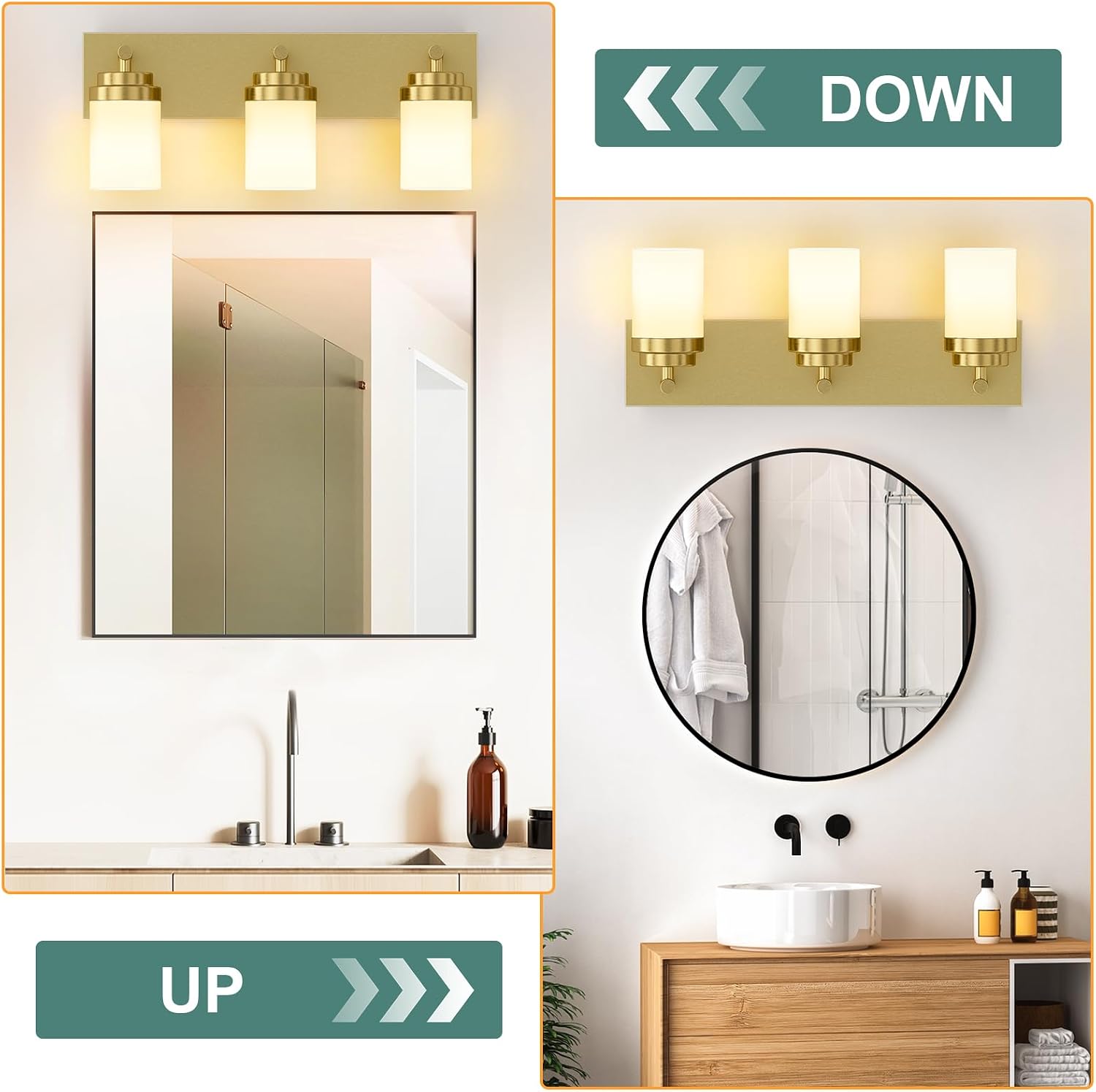 Thumbnail 5 de IZORRO HL101-3T-GD-WT 3-Light Bathroom Vanity Light, Brushed Gold, White Glass