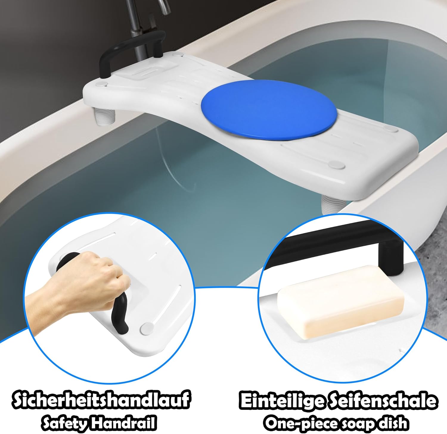 Detalle de ACXIN Planche de bain réglable pour personnes âgées (41 à 63 cm) avec porte-savon, poignée et plaque tournante