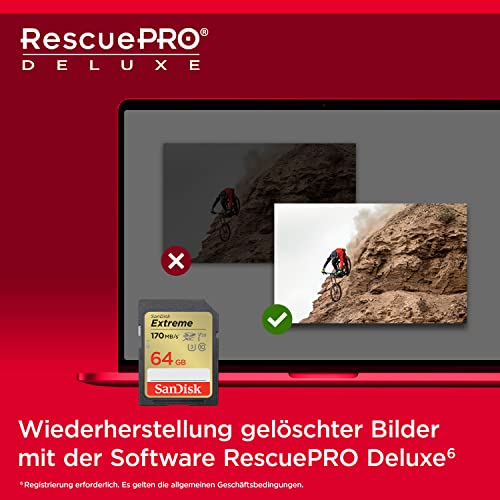 Detalle de SanDisk Extreme SDXC UHS-I 64 GB – Zuverlässige 4K-UHD-Aufnahmen mit 170 MB/s