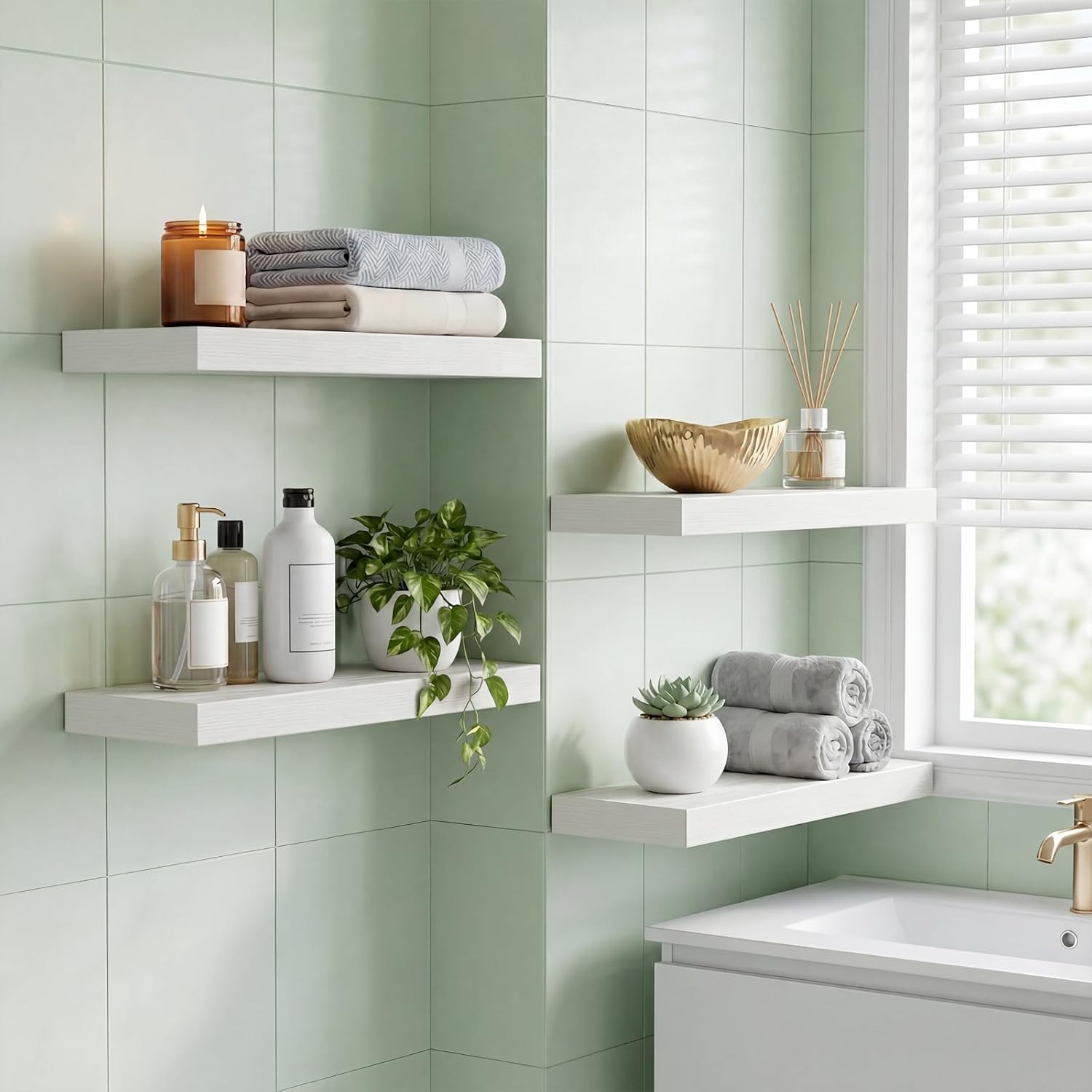 Detalle 2 de Fixwal White Floating Wall Shelves (Set of 4) with Invisible Brackets, 15.8in Rustic Wood Finish