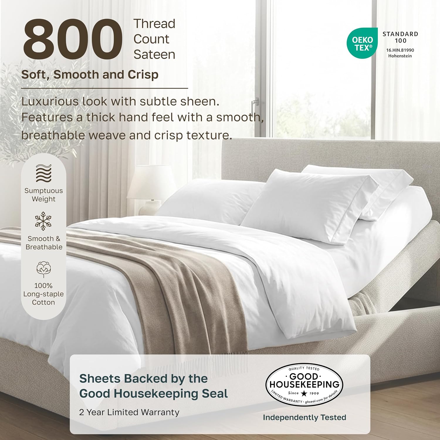 Detalle de California Design Den Split King Sheet Set for Adjustable Bed (Buttery Soft 800-Thread Count Cotton Sateen) - White