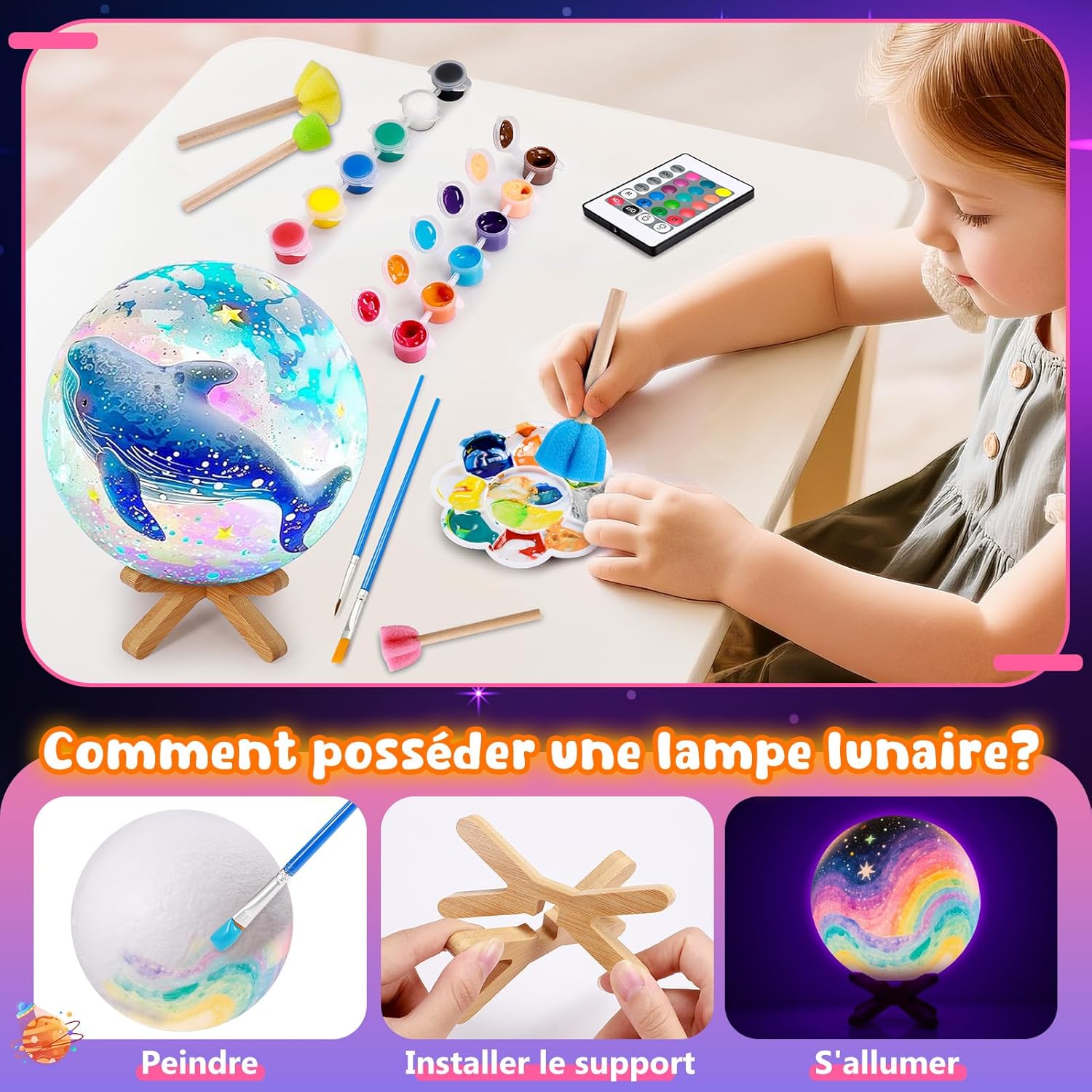Detalle de Toyzey Cadeau Fille 6–12 Ans: Kit lampe lune à peindre, activité créative rechargeable pour enfants