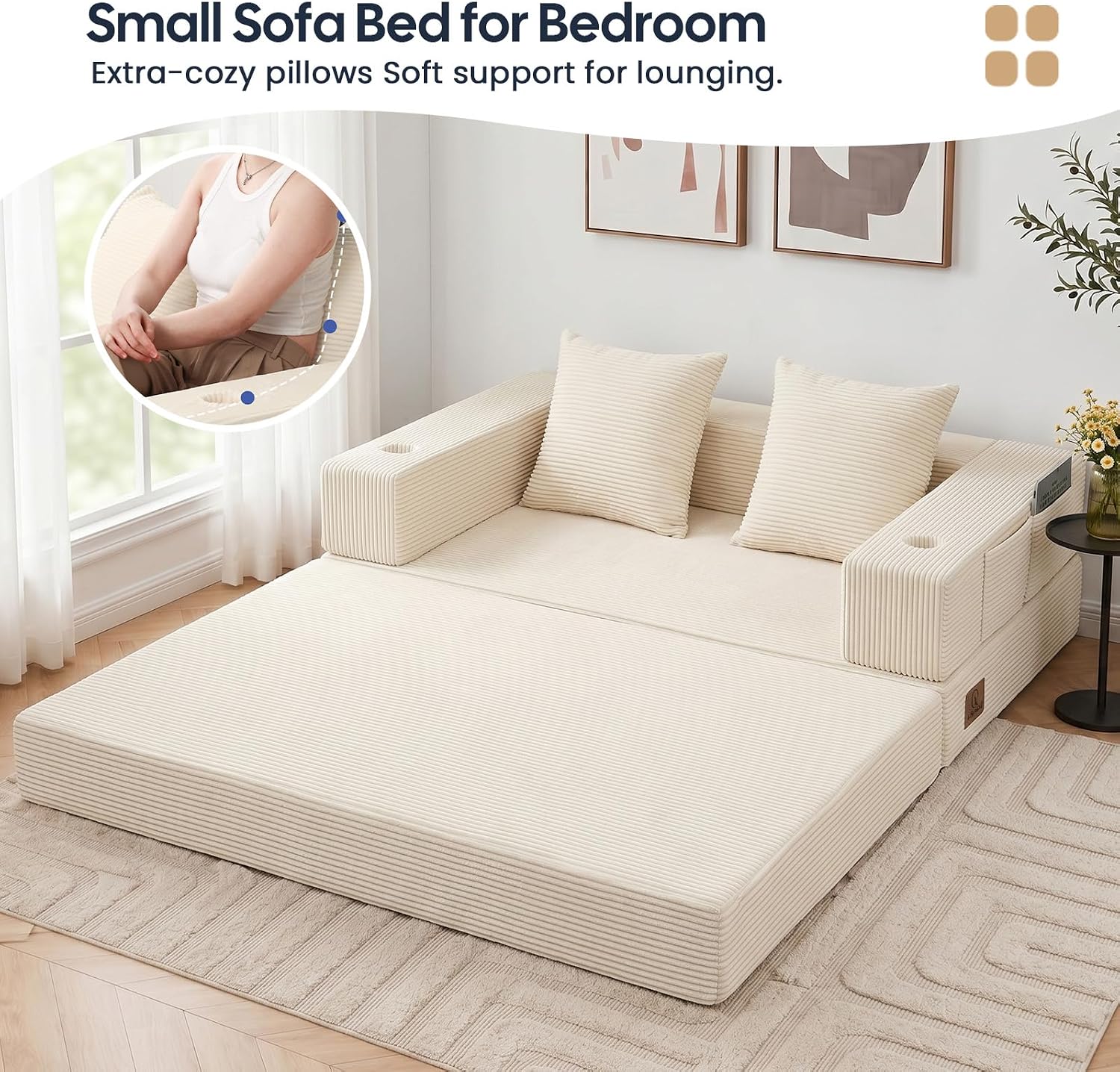 Detalle de COMAX 4-in-1 Futon Sofa Bed: Space-Saving Convertible Couch for Small Living Spaces