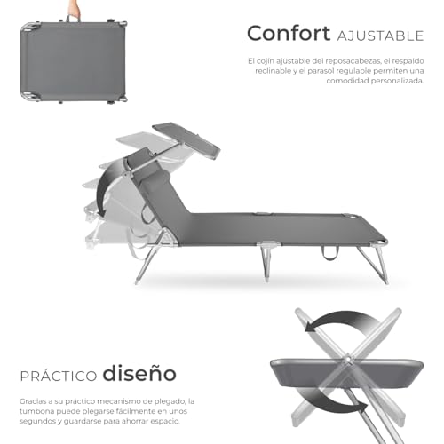 Detalle de tectake Set de 2 tumbonas de jardín plegables con parasol y respaldo regulable (gris) – hasta 110 kg