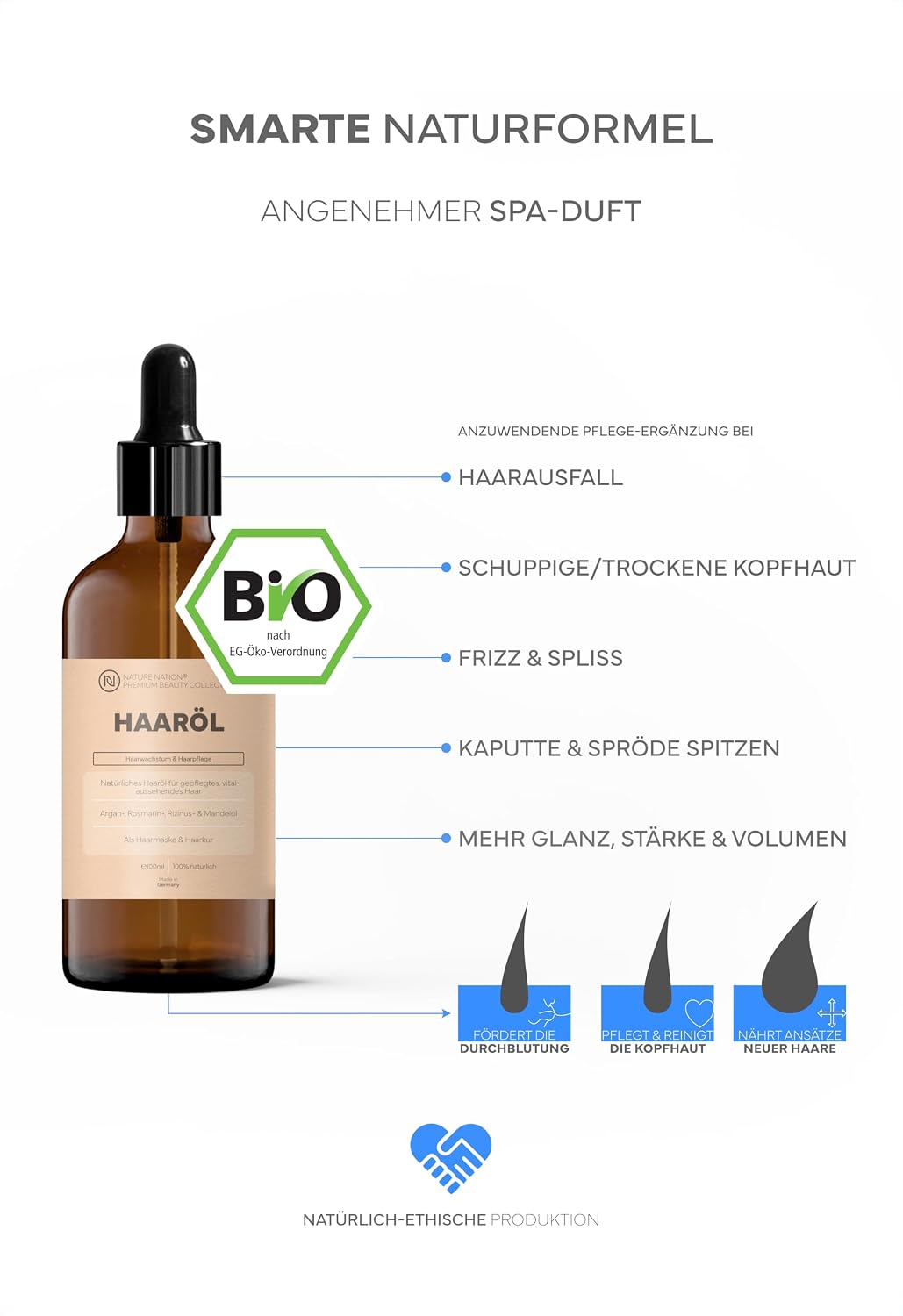 Detalle 2 de BIO Haaröl – Pflegeöl für Haar & Kopfhaut mit Argan, Rizinus & Mandelöl (Rosmarin, Vitamin E) – vegan, silikonfrei