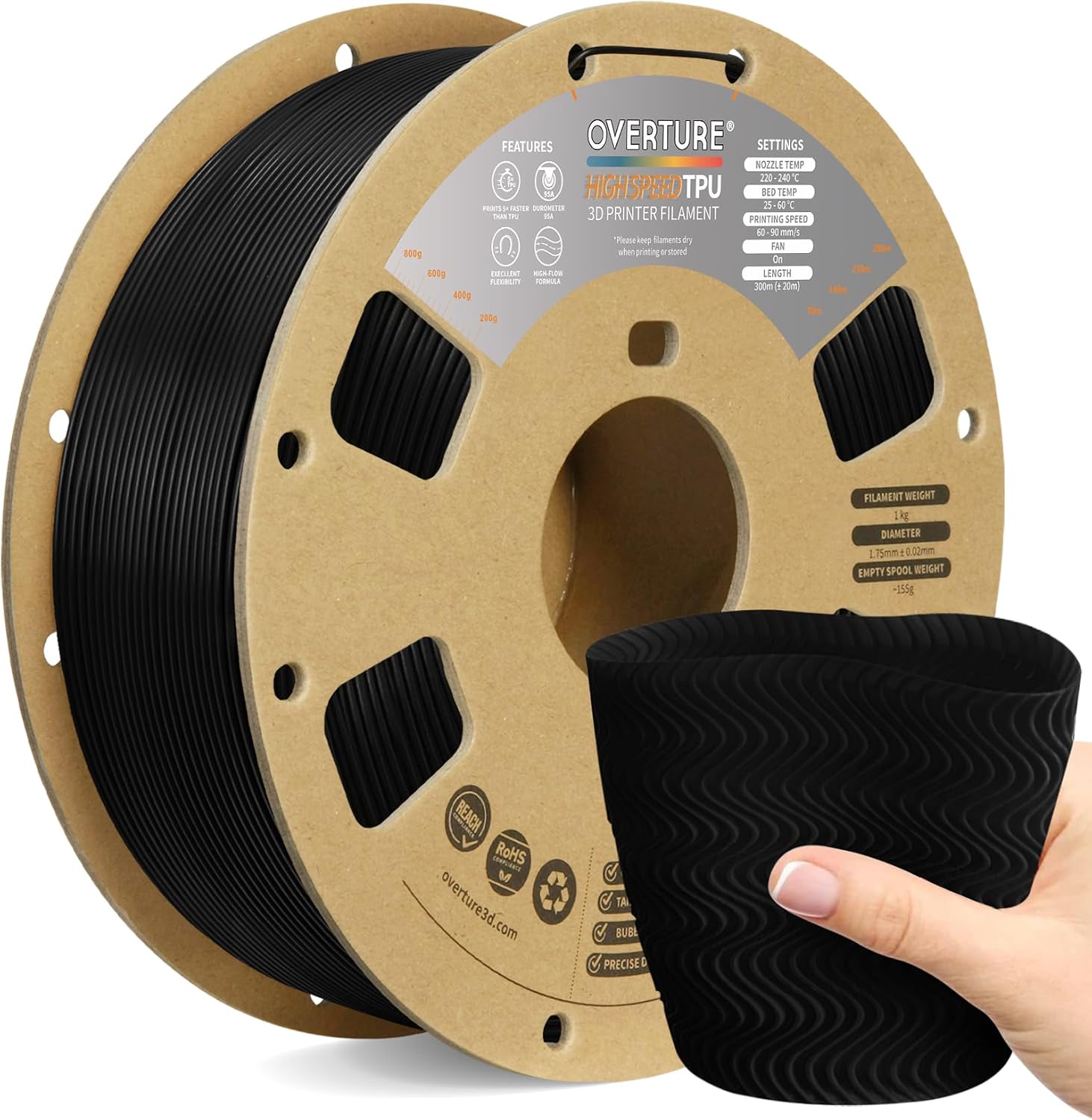 Detalle de Overture High Speed TPU Filament (95A) 1.75mm Flexible, Black—clog-free, smooth prints for FDM