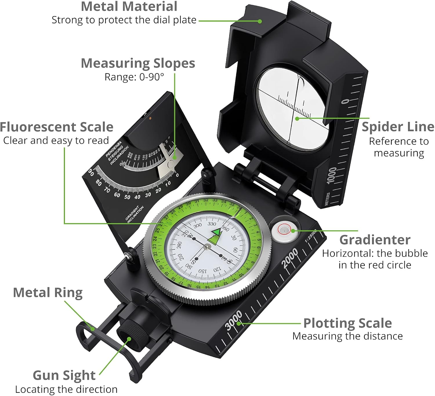 Detalle 2 de Proster Militär-Marschkompass mit Klinometer, Visierlinse und Tragschlaufe für Jagd, Wandern & Outdoor