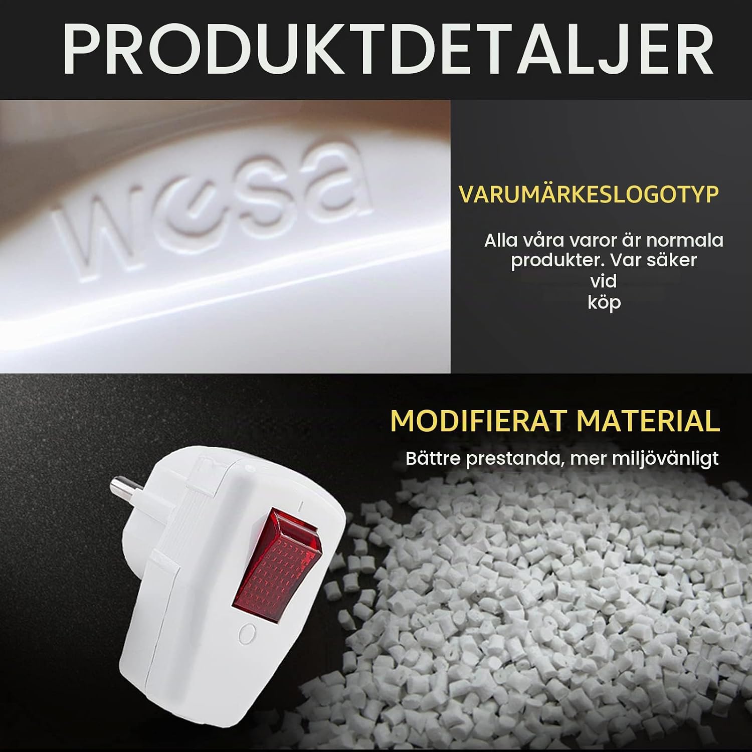 Detalle de HITRENDS Schuko-kontakt med strömbrytare, IP20, 250 V, 16 A, vit, 3-pack