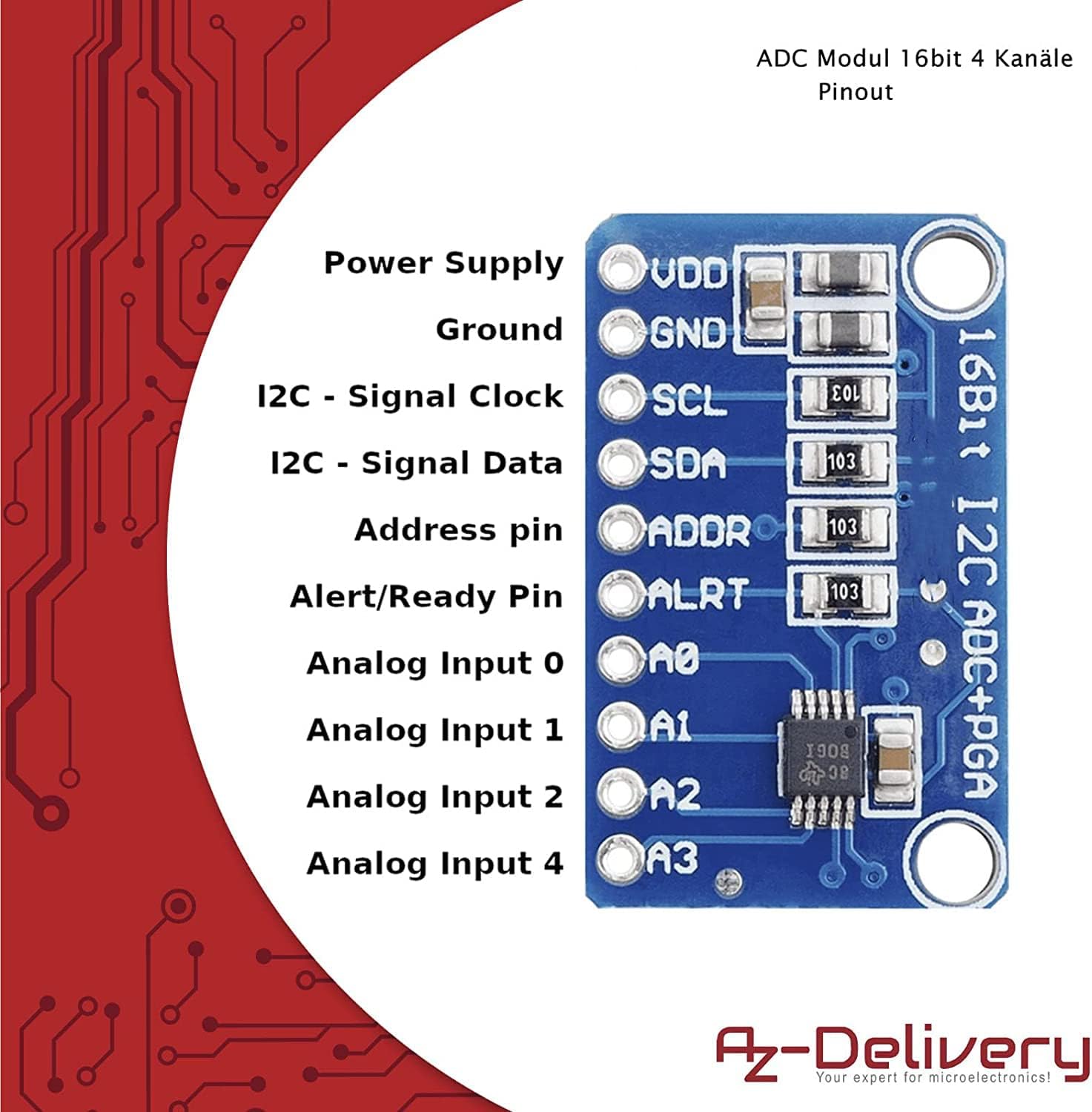 Thumbnail 5 de AZDelivery lot de 5 modules ADC compatibles ADS1115 (16 bits, 4 canaux) en I2C pour Arduino et Raspberry Pi