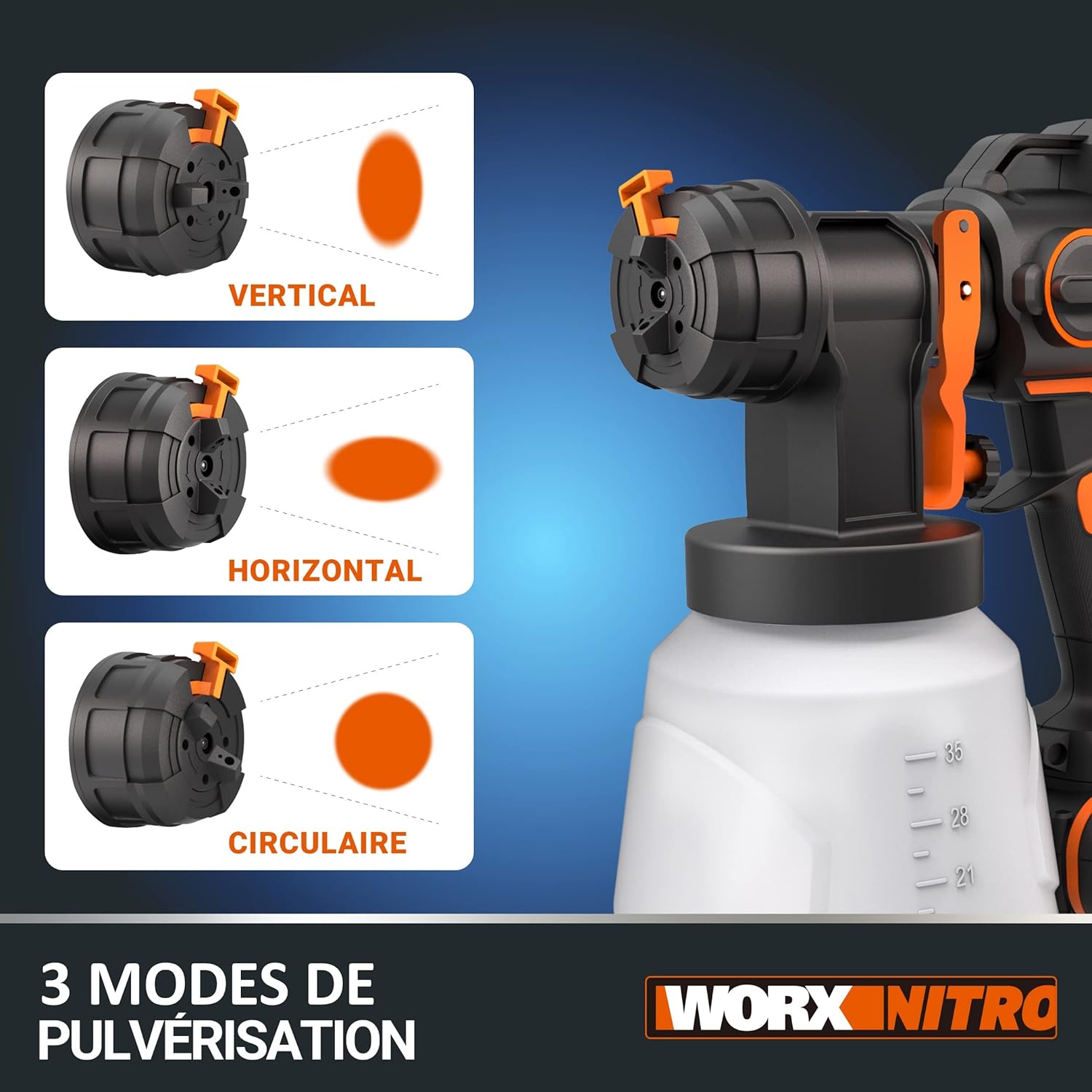 Thumbnail 3 de WORX Pistolet à Peinture sans Fil WX020.9 20V – 1 L, 4 buses et 3 modes de pulvérisation, sans batterie ni chargeur