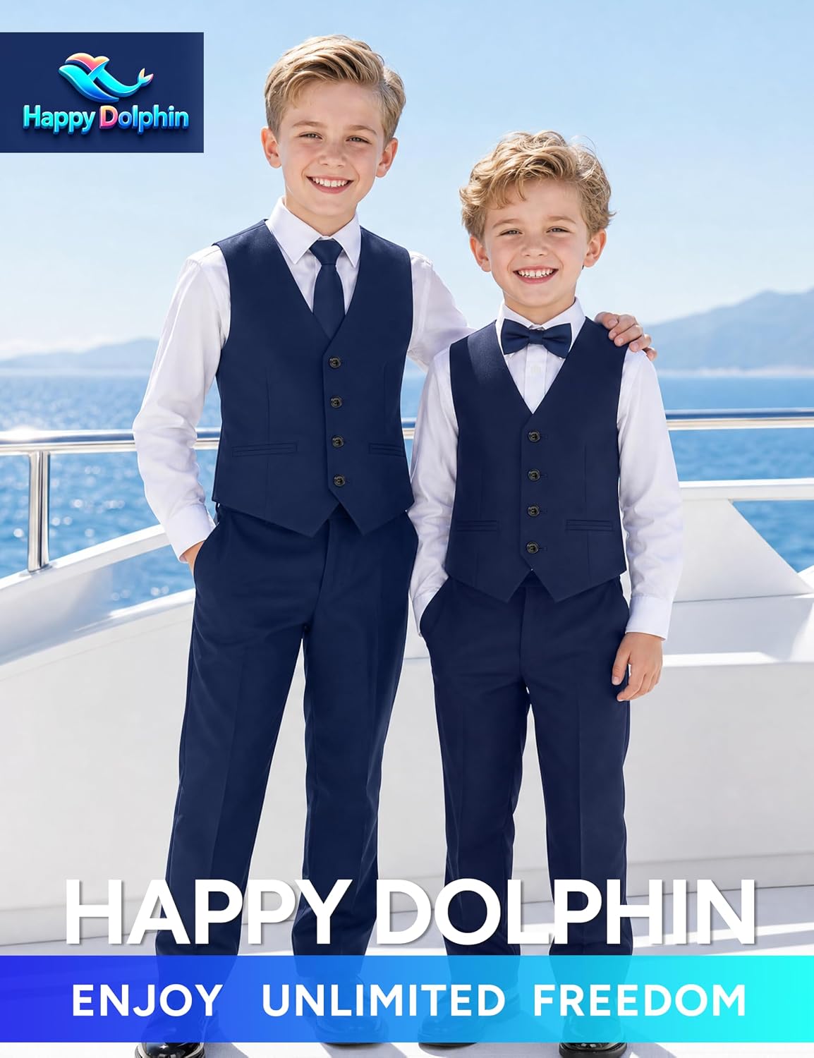 Detalle 2 de Happy Dolphin Boys’ Formal Suit Set with Adjustable Waist for Weddings