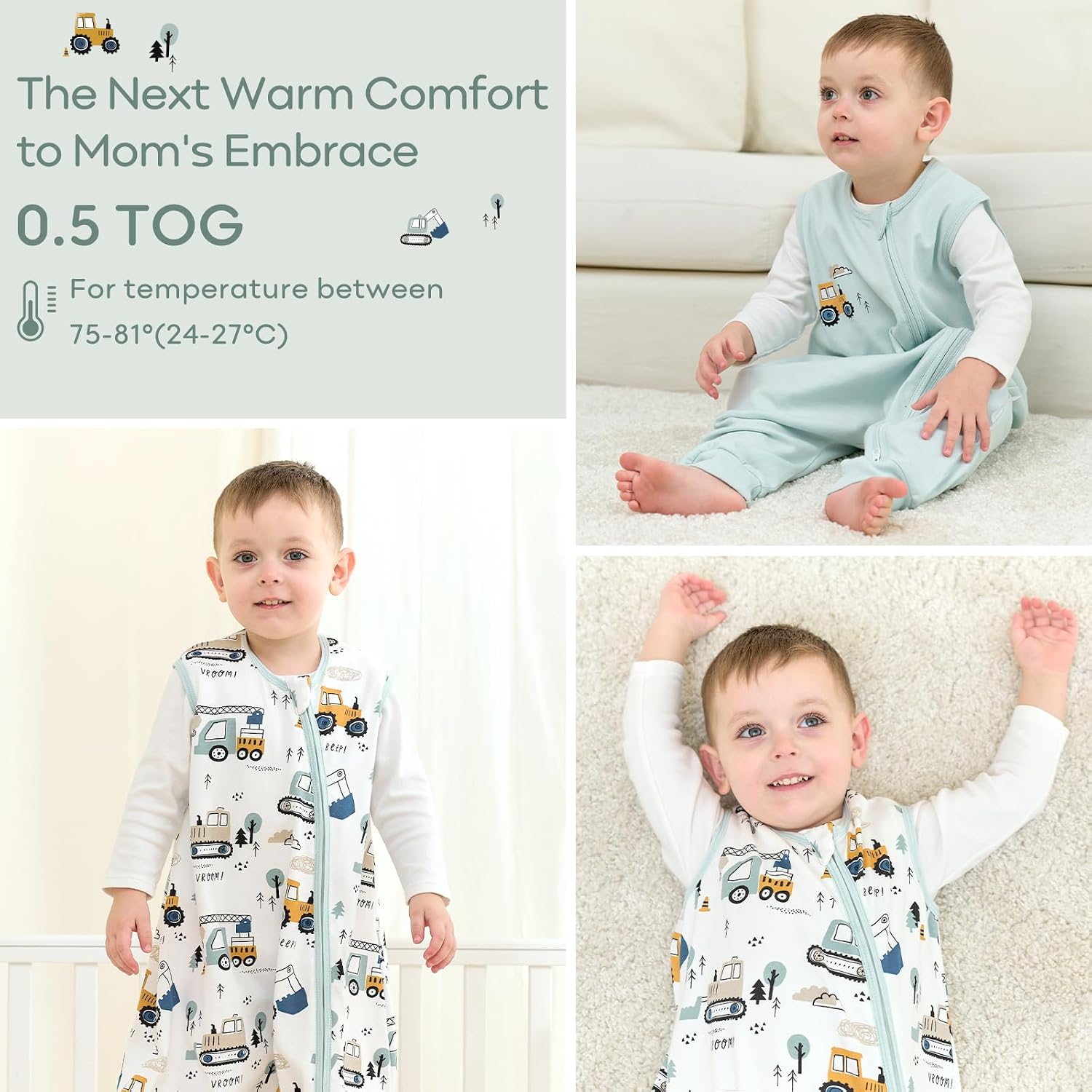 Detalle de Unnivoll Baby Schlafsack mit Füßen 0,5 Tog – 2er Pack, Baumwolle, Grüne Babyschlafsäcke mit Beinen (80 cm)