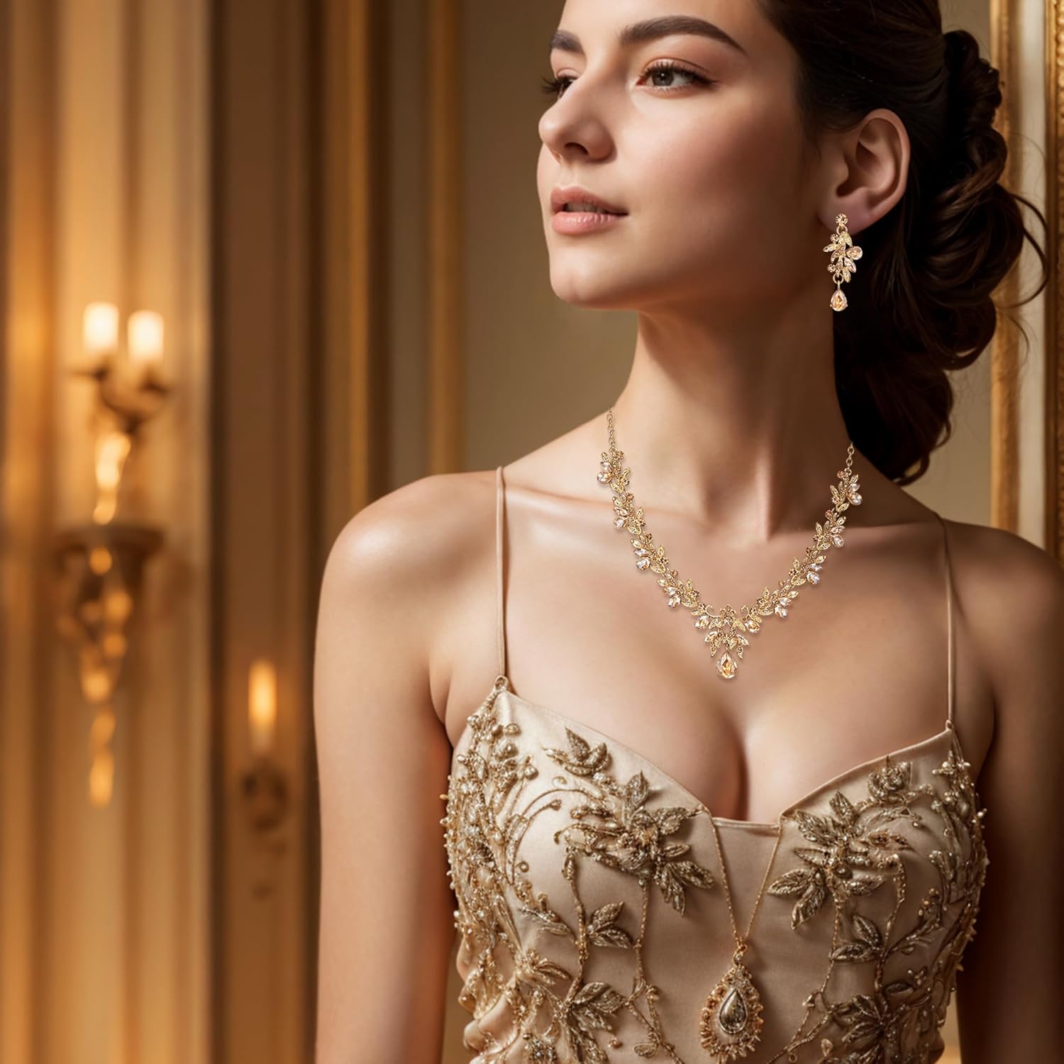 Thumbnail 2 de Parure bijoux femme Clearine pour mariage, bal de fin d’année : collier + boucles d’oreilles cristal feuille fleur ton argent