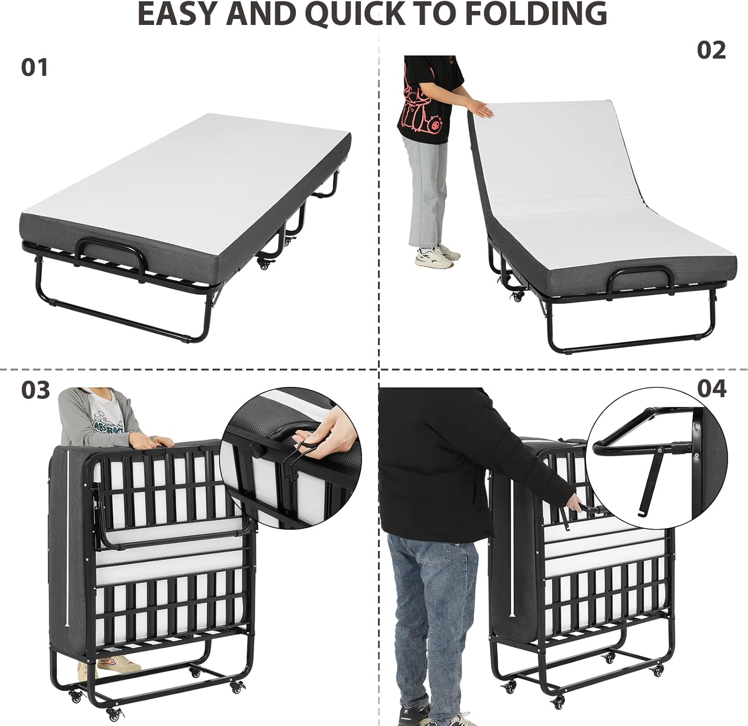 Thumbnail 6 de DICTAC letto pieghevole singolo con materasso 90x200 cm e materasso memory foam da 13 cm, struttura in metallo con ruote (fino a 200 kg) nero