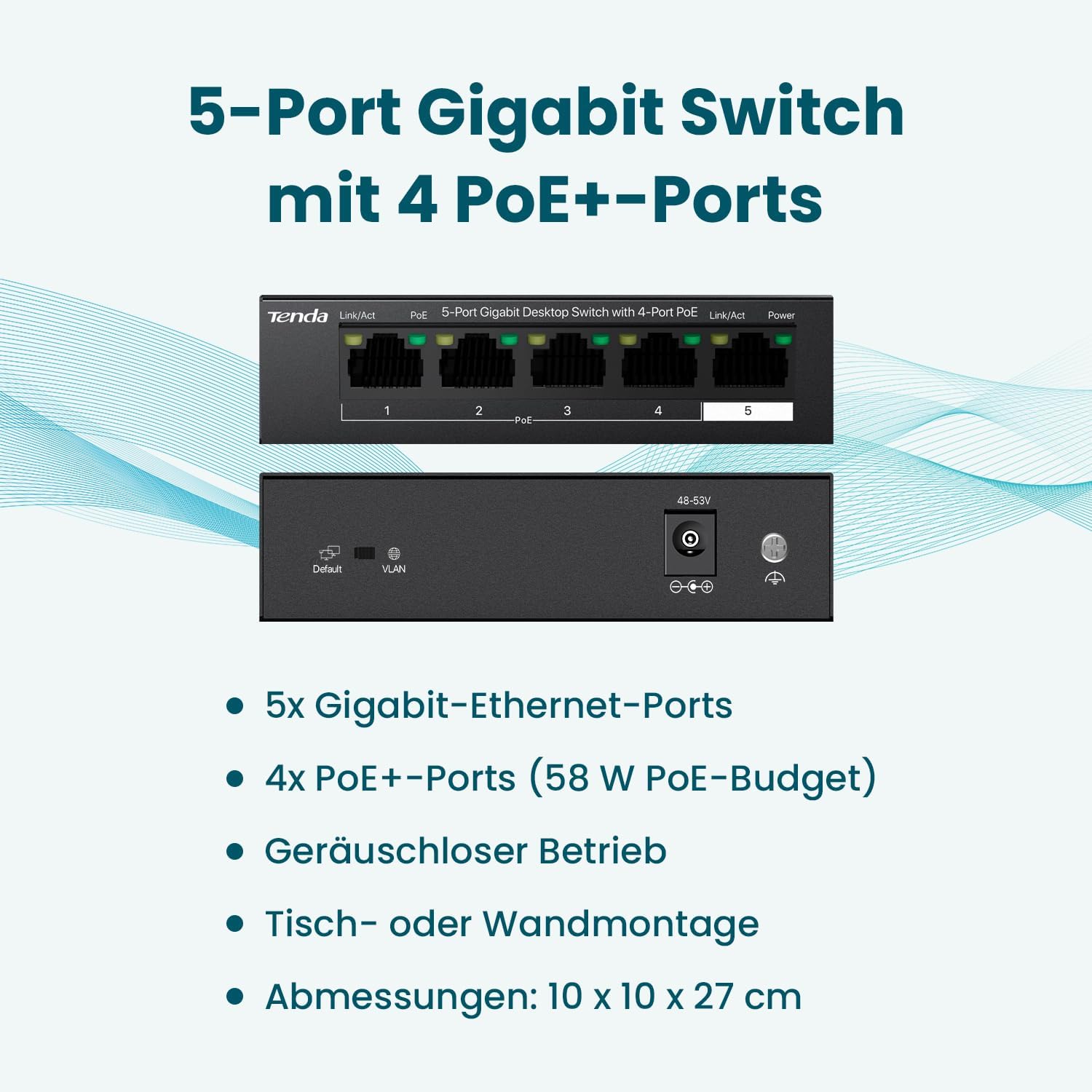 Thumbnail 1 de Tenda Gigabit PoE+ Switch TEG1105P-4-63W mit 4 PoE+ Ports, VLAN und 58-W-PoE-Budget