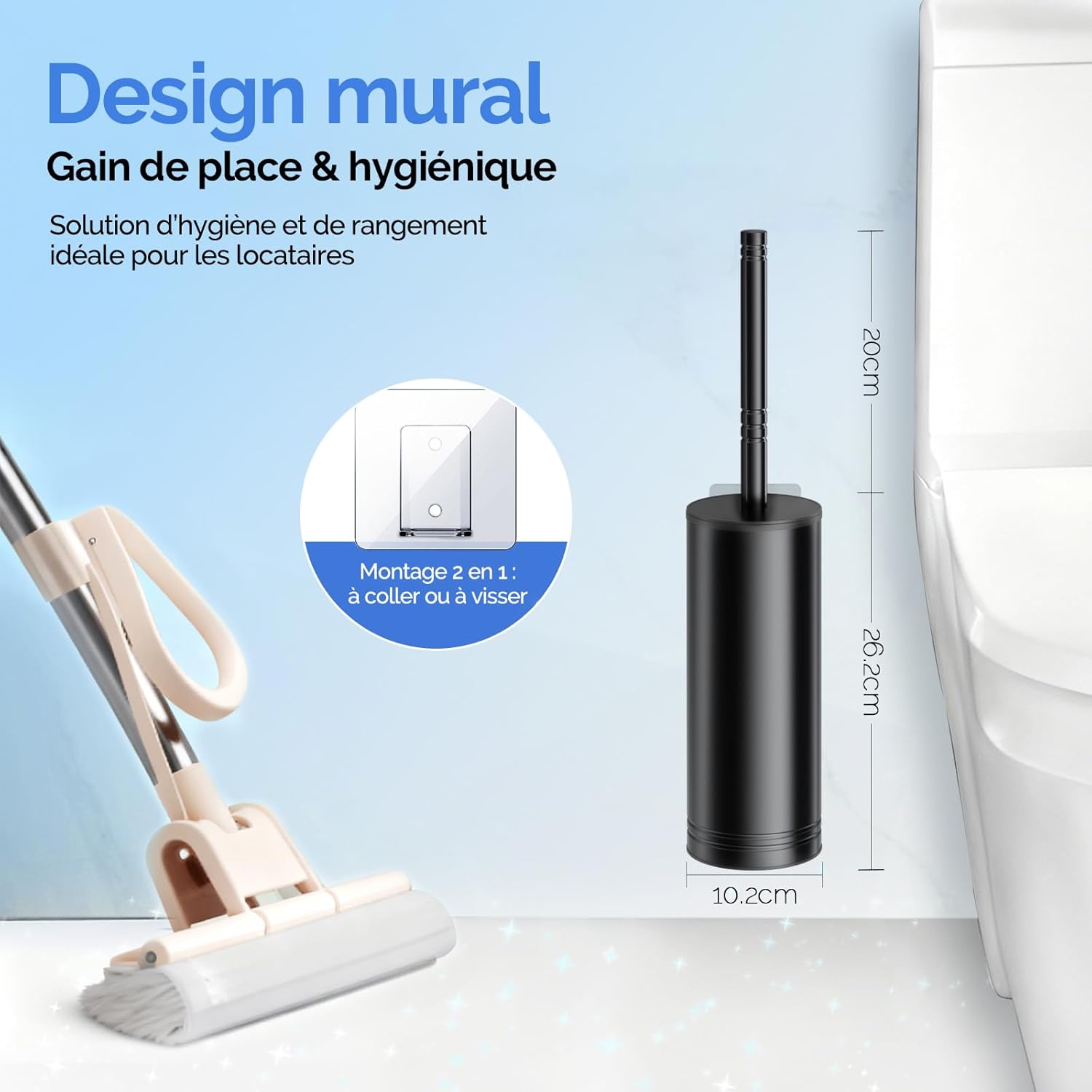 Thumbnail 5 de HAMITOR Edelstahl WC-Bürste-Set mit Wandmontage (ohne Bohren) – lange Griffstange, Schnell trocknender Halter