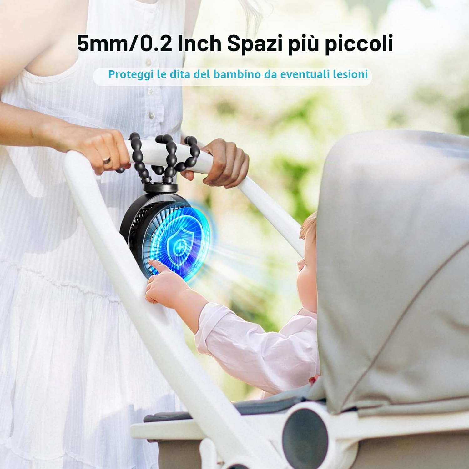 Detalle de PaPaFboy Ventilatore Portatile per Passeggino e Viaggi — Silenzioso, Ricaricabile 20 Ore, Rotazione a 360°