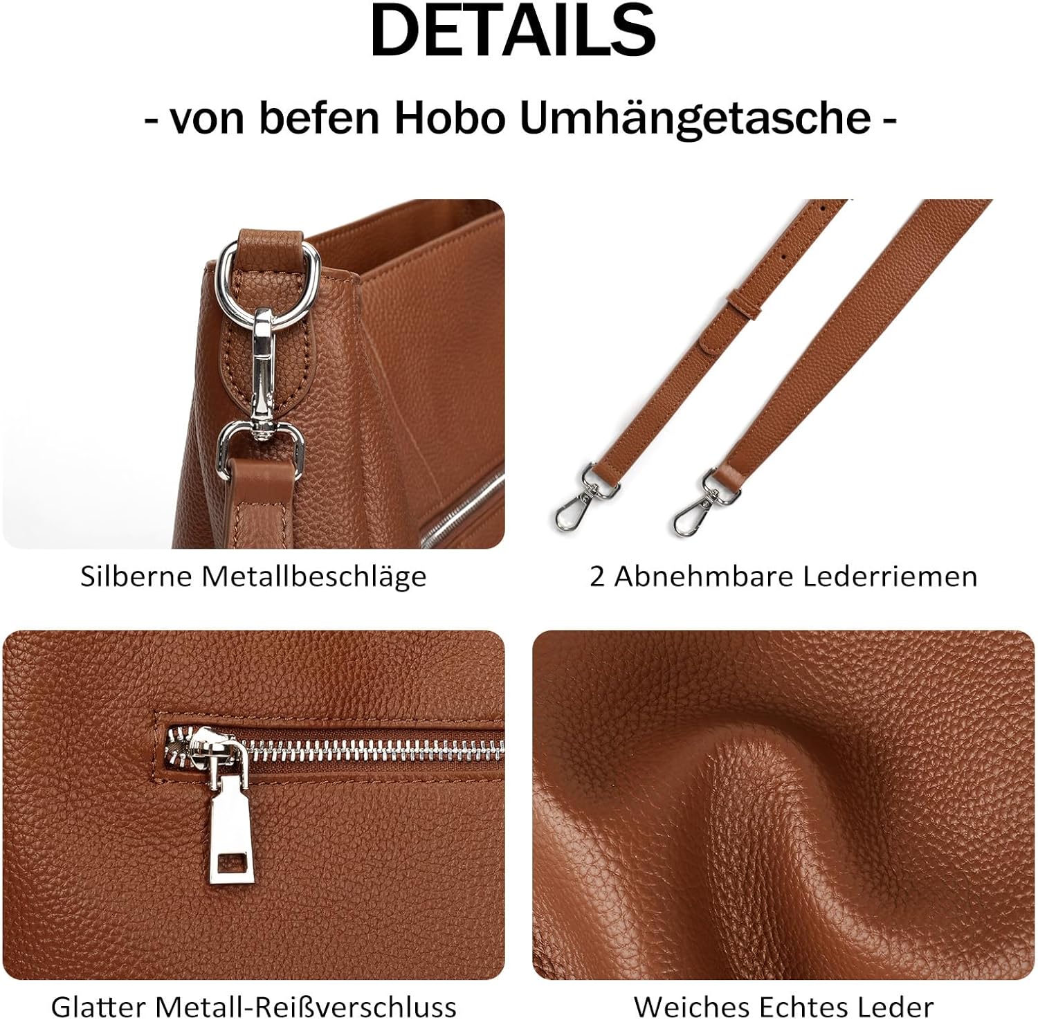 Thumbnail 5 de befen Damen Handtasche aus echtem Rindsleder – Hobo/Shopper Schultertasche mit 2 Trägern, weich & alltagstauglich