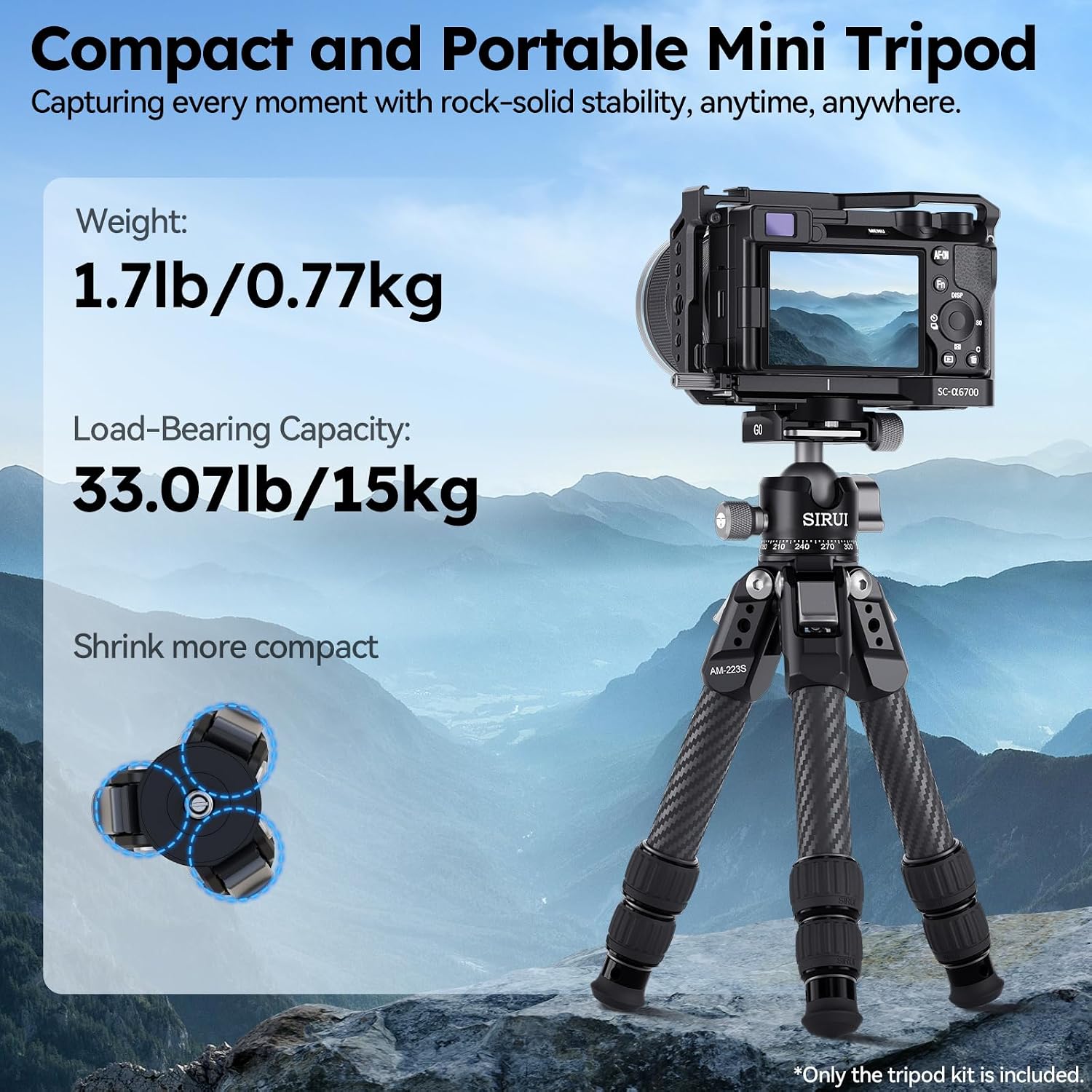 Detalle 2 de SIRUI AM-223S Carbon Mini-Stativ mit G0 Kugelkopf – ultraleichtes Tischstativ für DSLR, Systemkameras & Actioncams