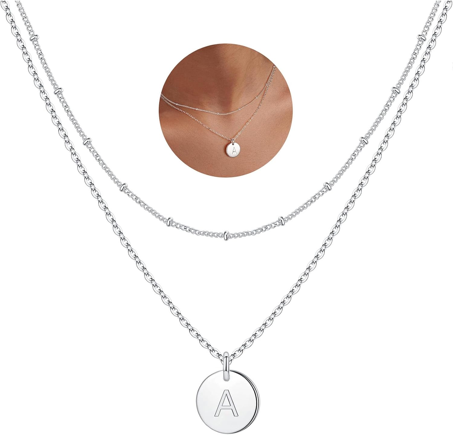 Detalle de TINGN Chaîne avec lettres pour femme – Or 14 carats, double face gravée, maillage gravé, collier initial en couches
