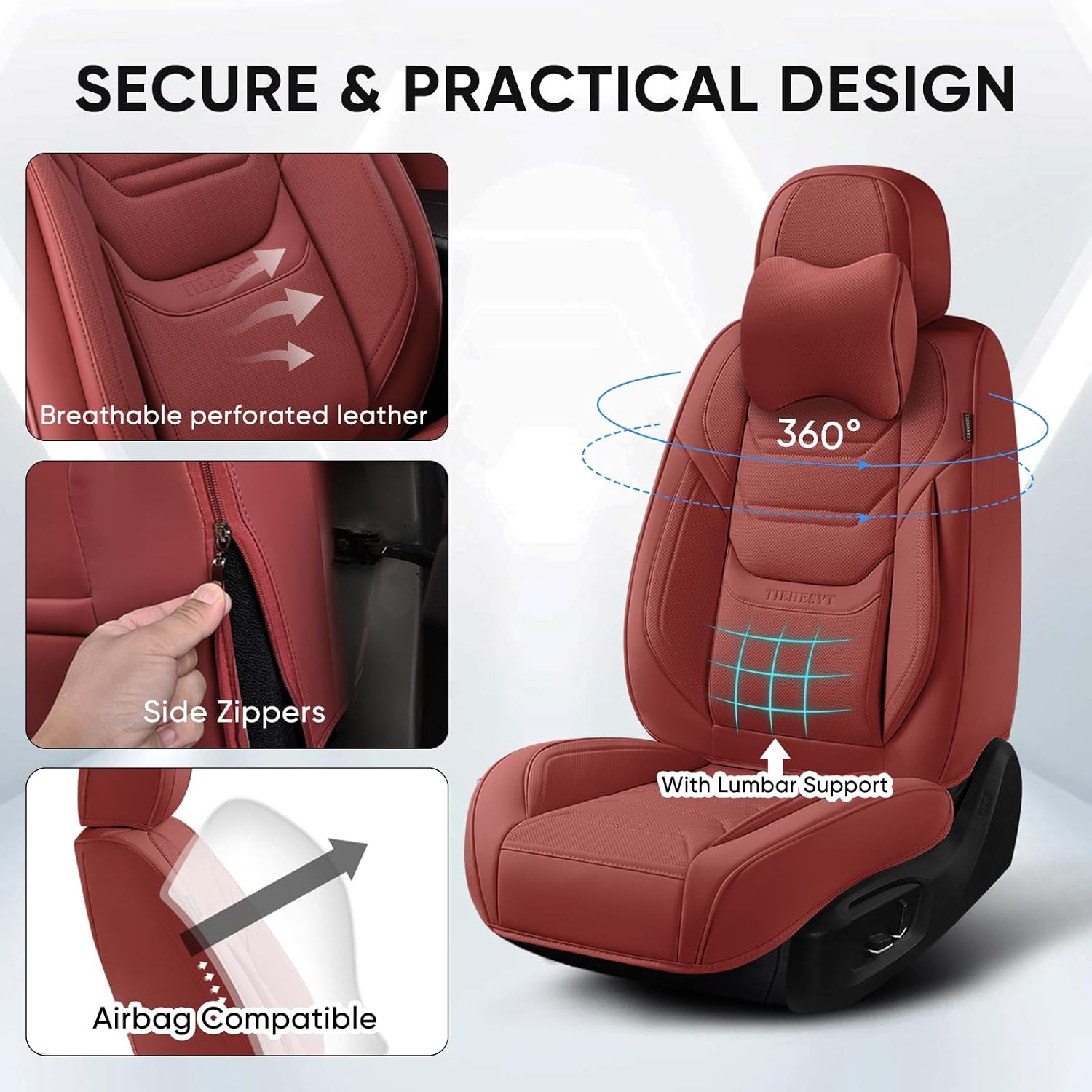 Thumbnail 6 de TIEHESYT Wine Red Car Seat Covers Full Set – Breathable Leather Front & Rear Seat Covers with Memory Headrest