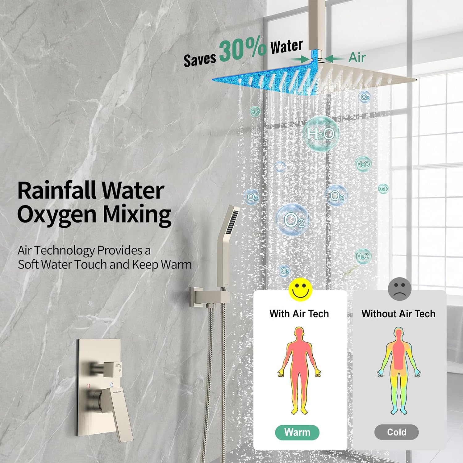 Detalle de SR SUN RISE SRSH-UPC12 Ceiling Shower System, 12-Inch Rain Head, Brushed Nickel