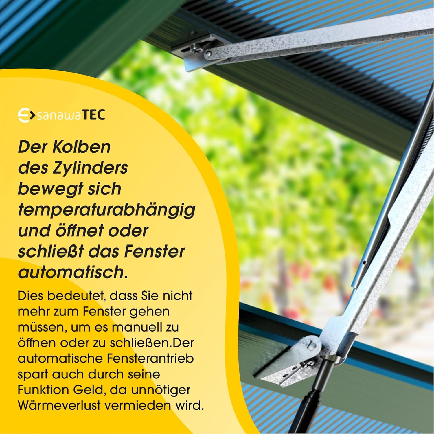 Detalle 2 de SANAWATEC automatischer Fensteröffner für Gewächshaus – temperaturgesteuert (Hubkraft 7 kg, Hubhöhe 40 cm)