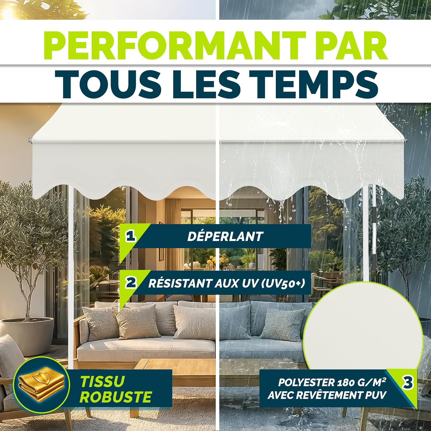 Thumbnail 3 de Store banne manuel rétractable tillvex avec manivelle pour balcon (beige, 350 cm) sans percement