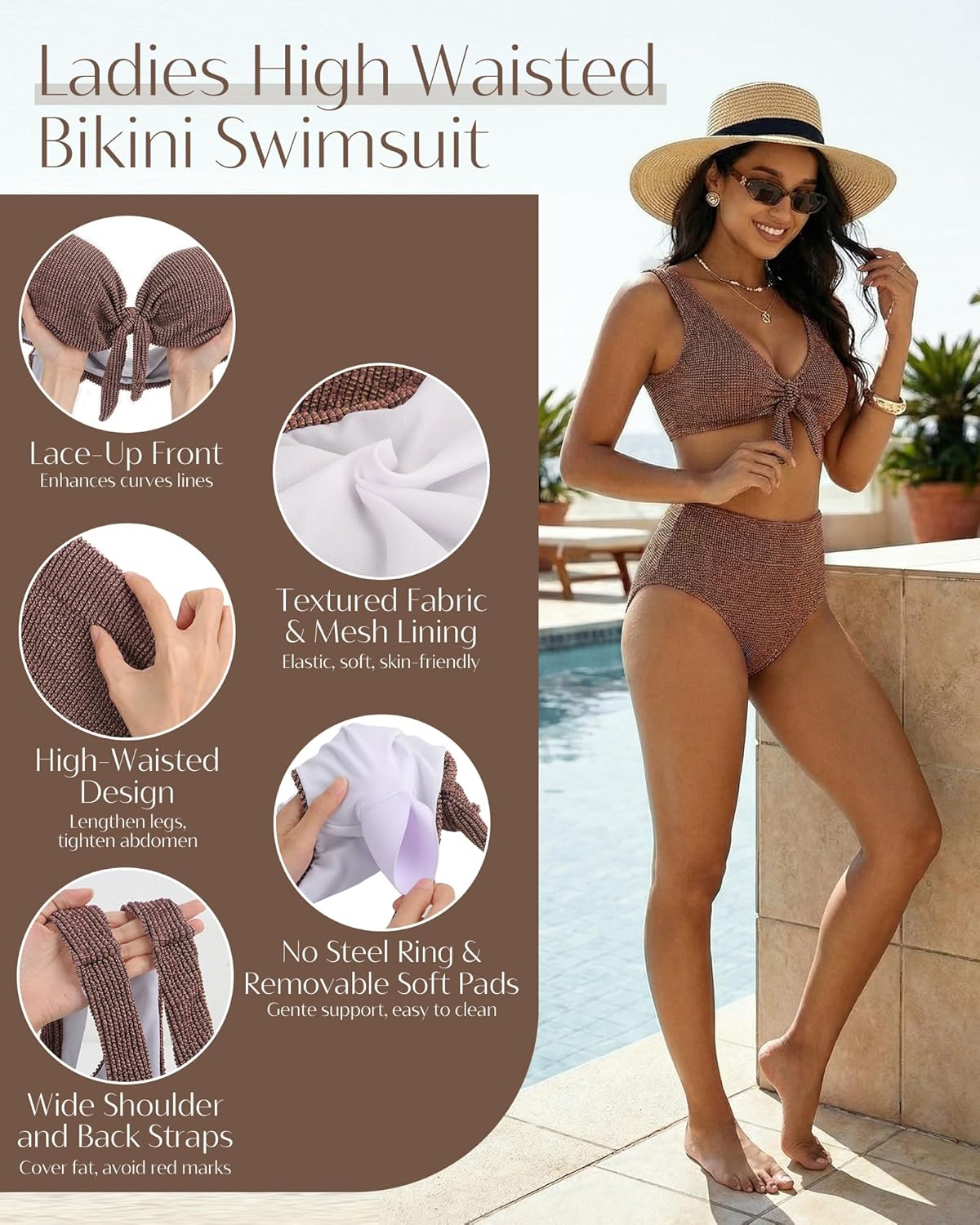 Detalle de High Waisted Bikini Set for Women with Tummy Control – Textured Tie Knot Swimwear (L)