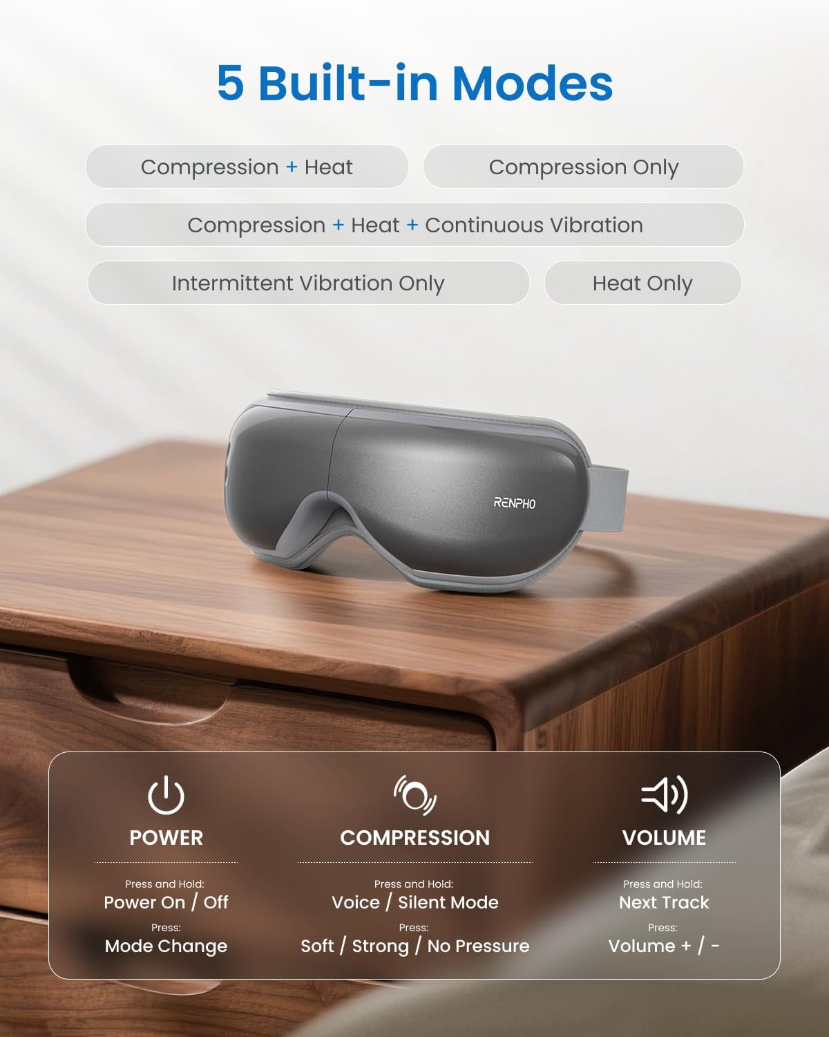 Detalle de RENPHO Eyeris 1 Eye Massager with Heat, Vibration & Bluetooth Music