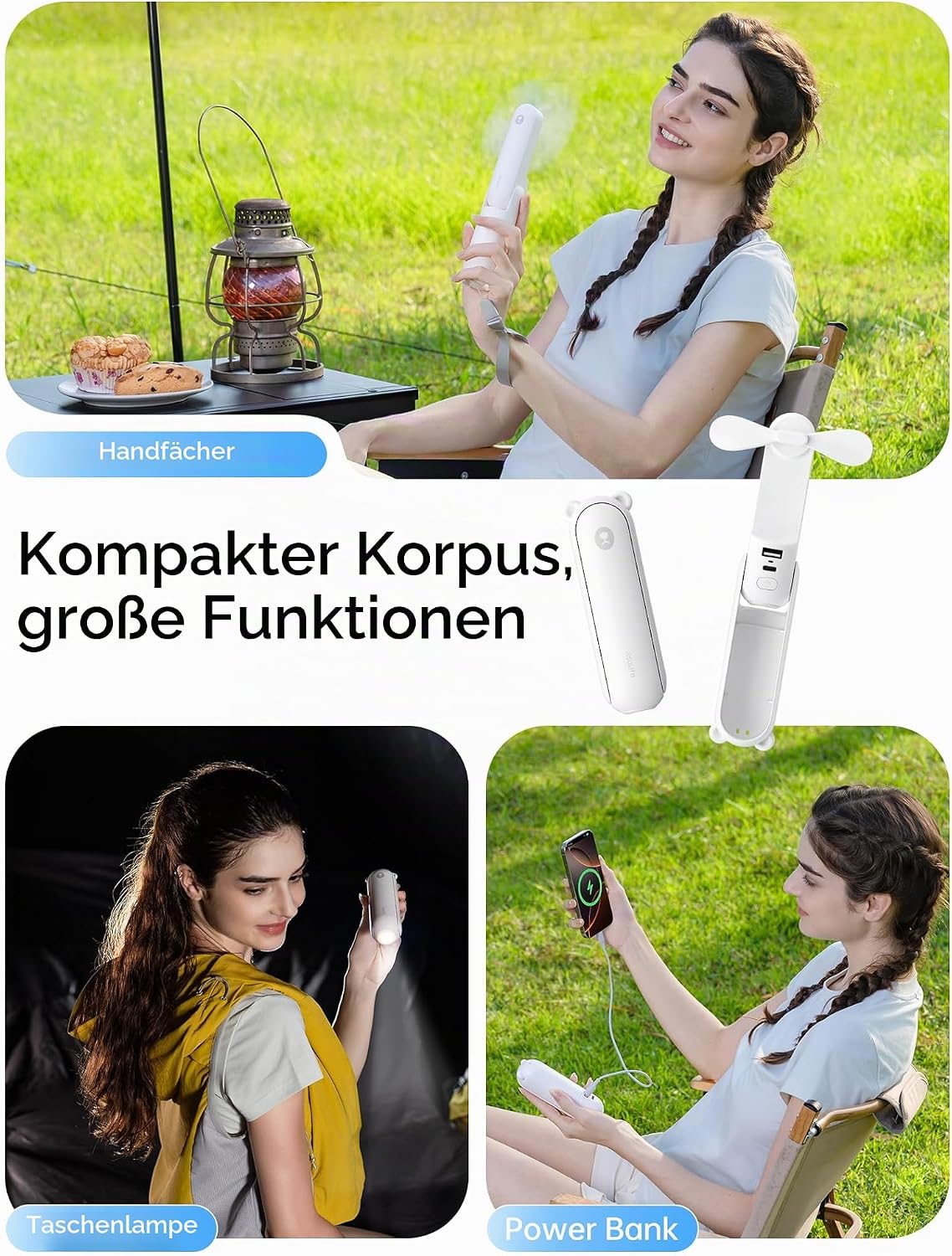 Thumbnail 1 de JISULIFE Handventilator 3 in 1 – kompakter USB-Akkuventilator mit Powerbank und Taschenlampe