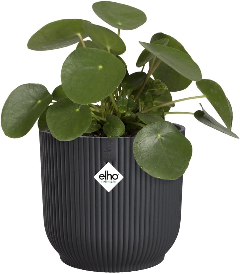 Detalle de elho Vibes Fold Round 22cm Flower Pot – Anthracite: Durable, Recycled Plastic Planter for Indoor Use